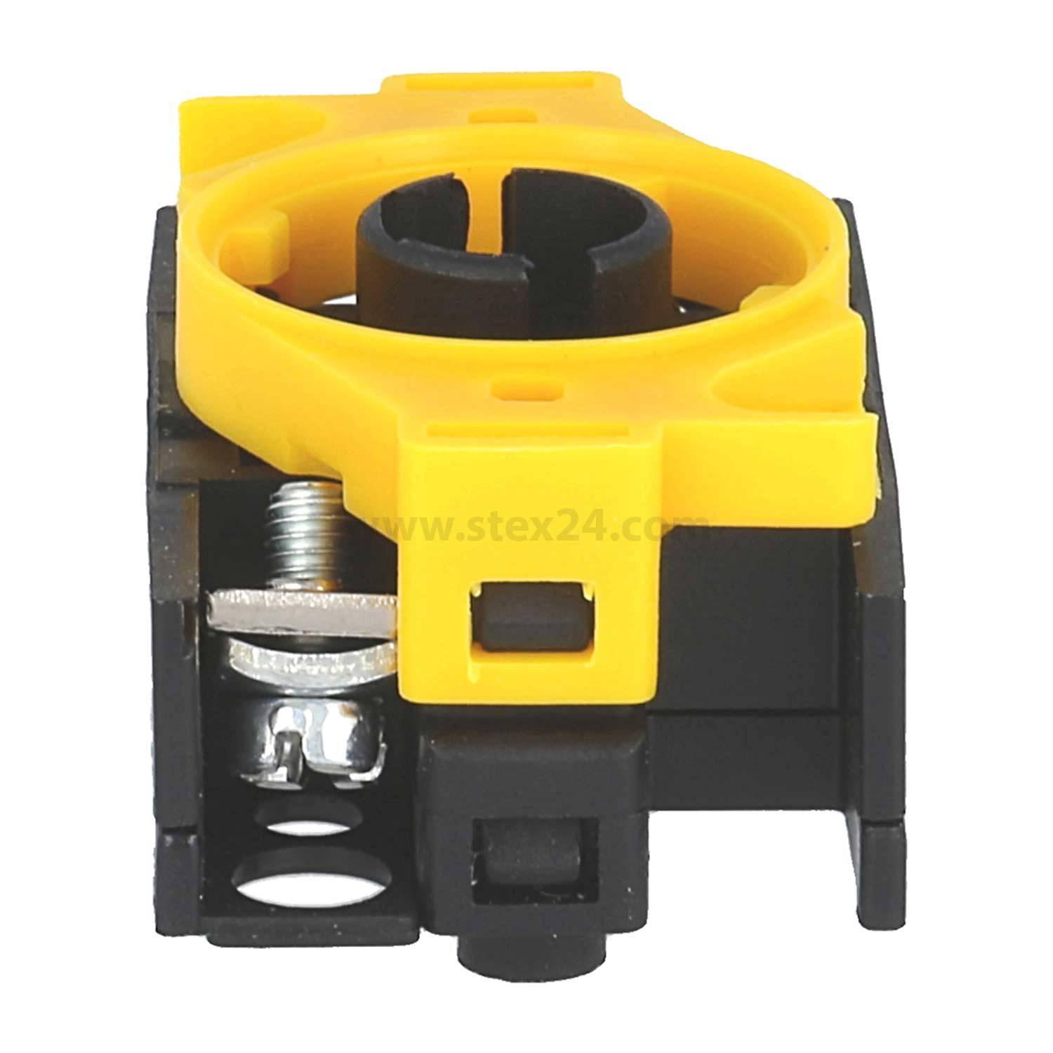 Eine schwarze und gelbe elektrische Komponente mit einem kreisförmigen Befestigungspunkt und einem Schraubenmechanismus, möglicherweise für Schaltungsverbindungen verwendet.