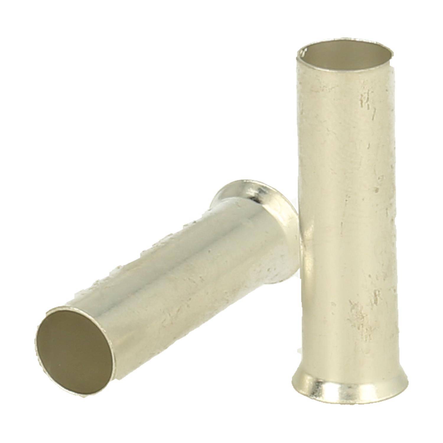 Zwei metallische zylindrische Ferrules, leicht gewinkelt, mit reflektierender Oberfläche, verwendet für Kabel- oder Drahtummantelung.