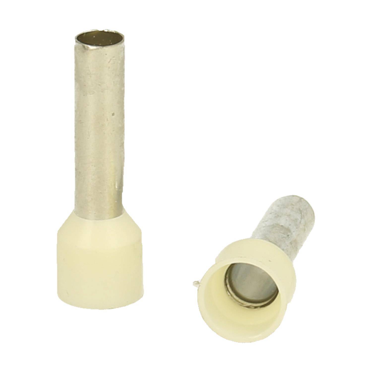 Zwei isolierte Stiftklemmen, eine aufrecht stehend und eine auf der Seite liegend, die einen Metallstift mit einem beigen Plastikkragen zeigen.