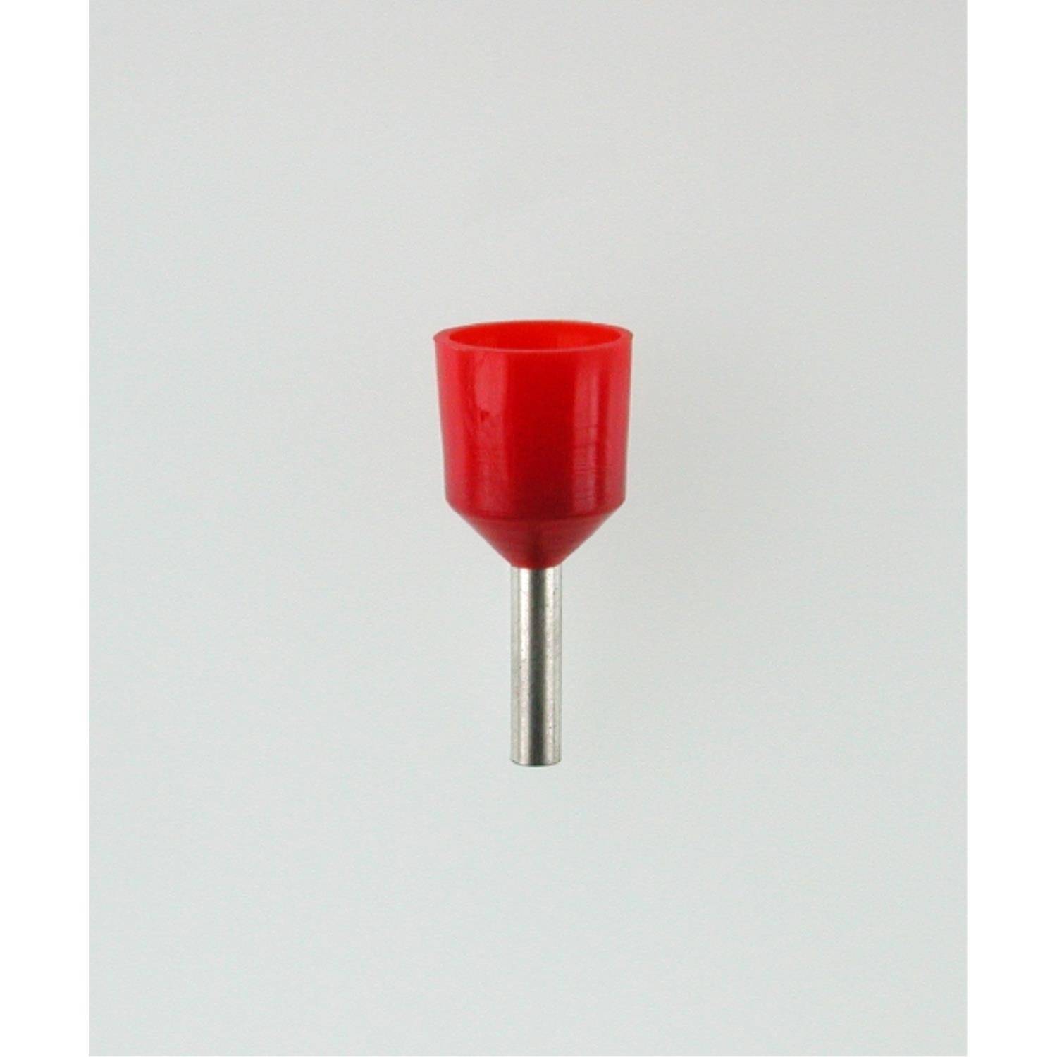 Eine rote isolierte Aderendhülse mit einem silbernen Metallrohr darunter, verwendet für Klemmen in elektrischen Verbindungen. Sie ist auf einem einfarbigen Hintergrund isoliert.