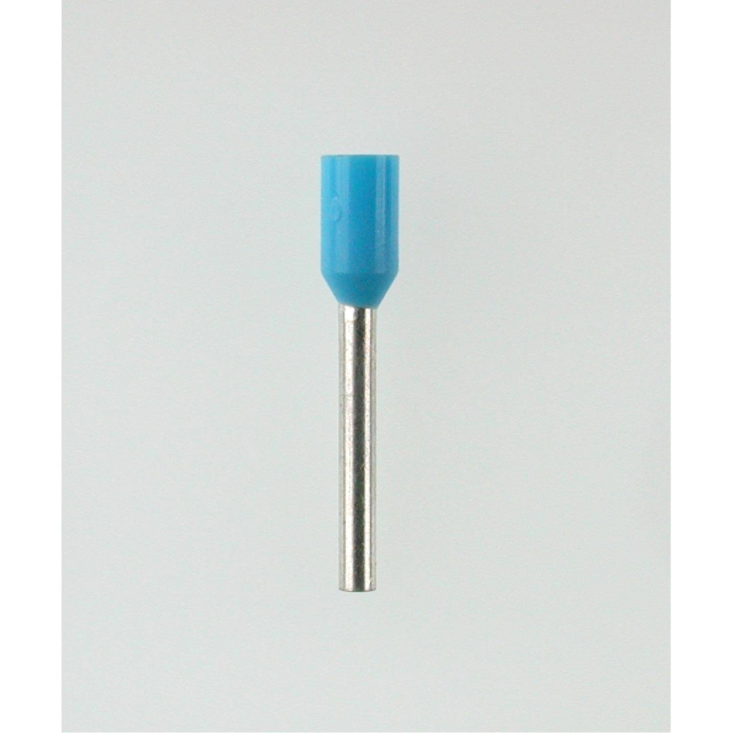 Ein einzelner blauer isolierter Aderendhülse mit einem Metallrohr, das für elektrische Anwendungen von unten herausragt.
