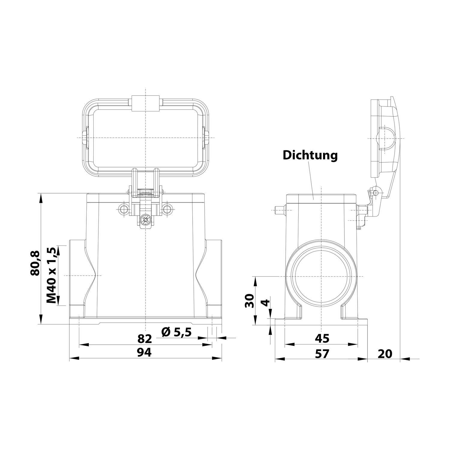 05300102275 HARTING Han 10B Sockelgehäuse hoch, 1xM40 seitlicher Kabelabgang, für 2 Bügel (am Oberteil) mit Schutzkappe
