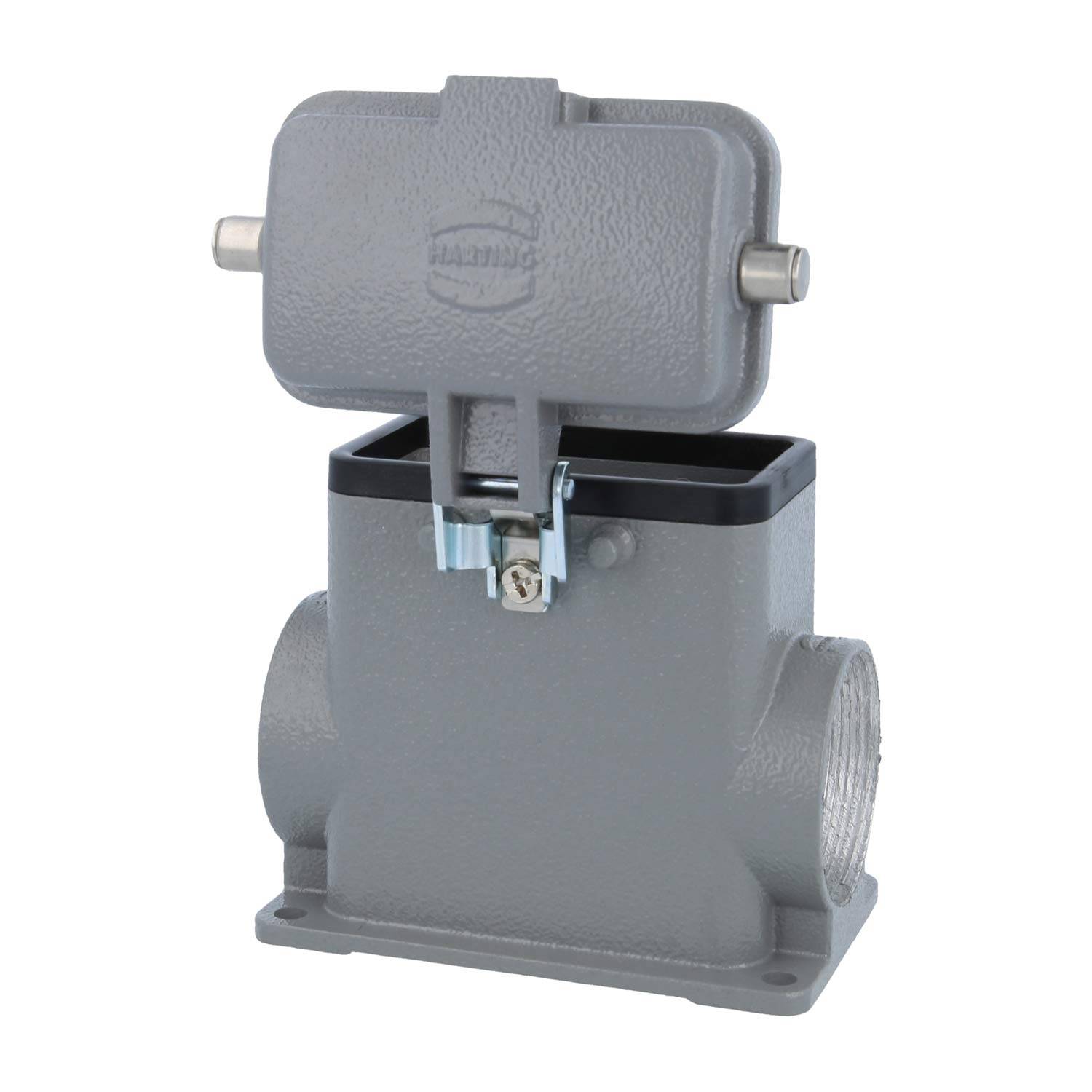 Ein robustes graues industrielles Steckverbindergehäuse, dargestellt mit einem geschlossenen Verschluss oben, verwendet für elektrische Anschlüsse in Maschinen.