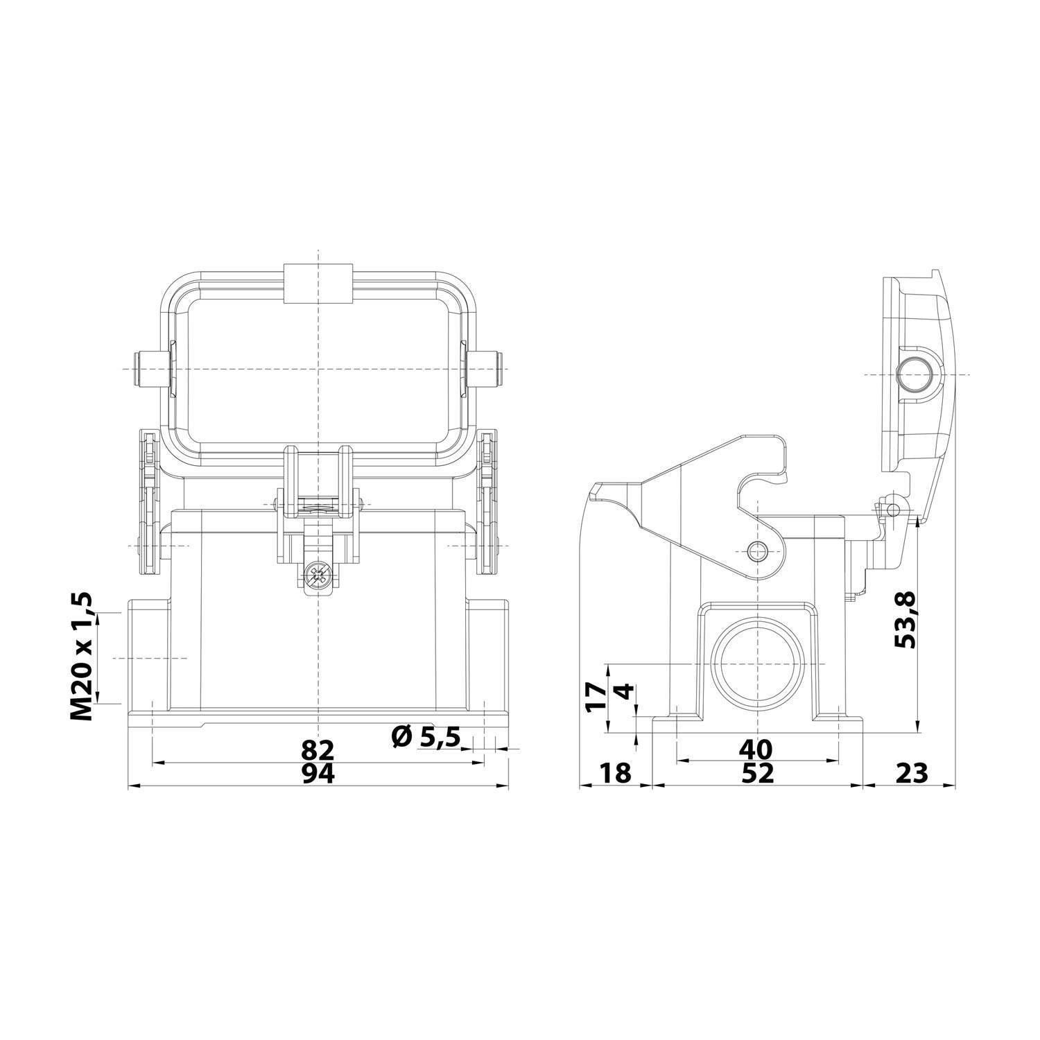 Technische Zeichnung eines mechanischen Bauteils mit markierten Abmessungen. Enthält Front- und Seitenansicht mit Messungen in Millimetern.