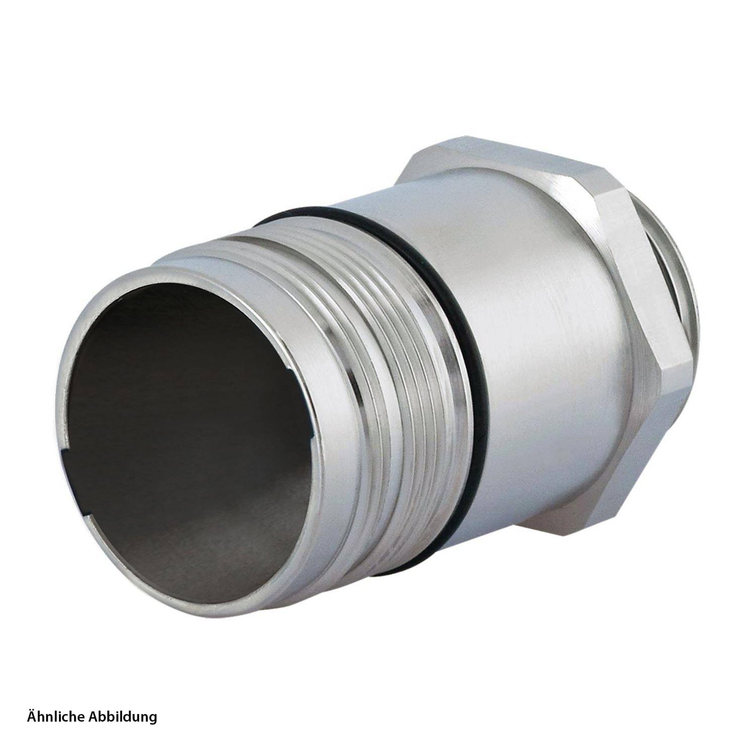 Ein zylindrischer Metallverbinder mit Gewinde und einer angeschweißten Sechskantmutter, wahrscheinlich zur Befestigung von Kabeln oder Rohrleitungen verwendet.