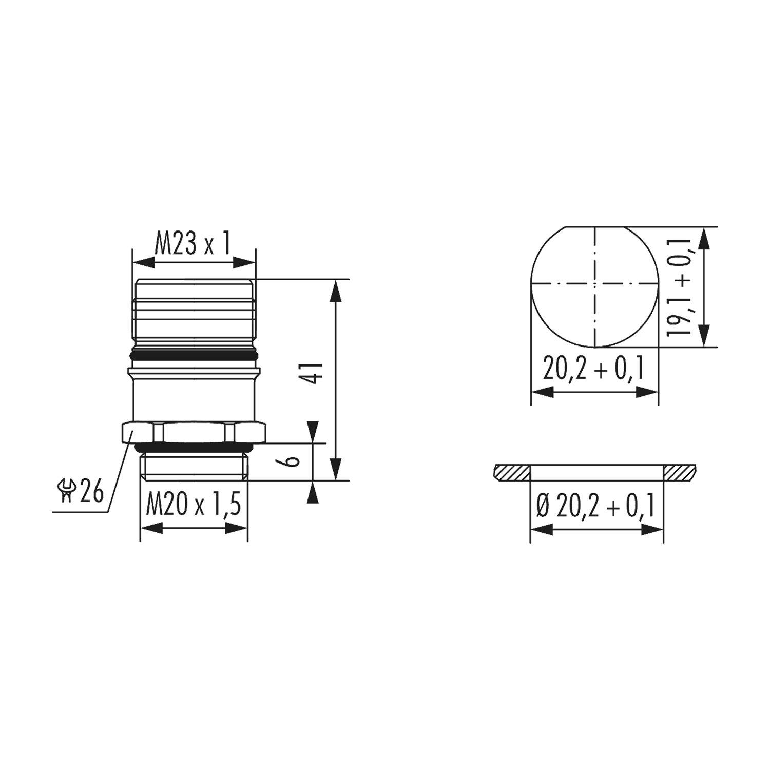 Technische Zeichnung einer mechanischen Komponente mit Dimensionen und Gewindedetails. Beinhaltet Maßangaben für M23x1- und M20x1,5-Gewinde.
