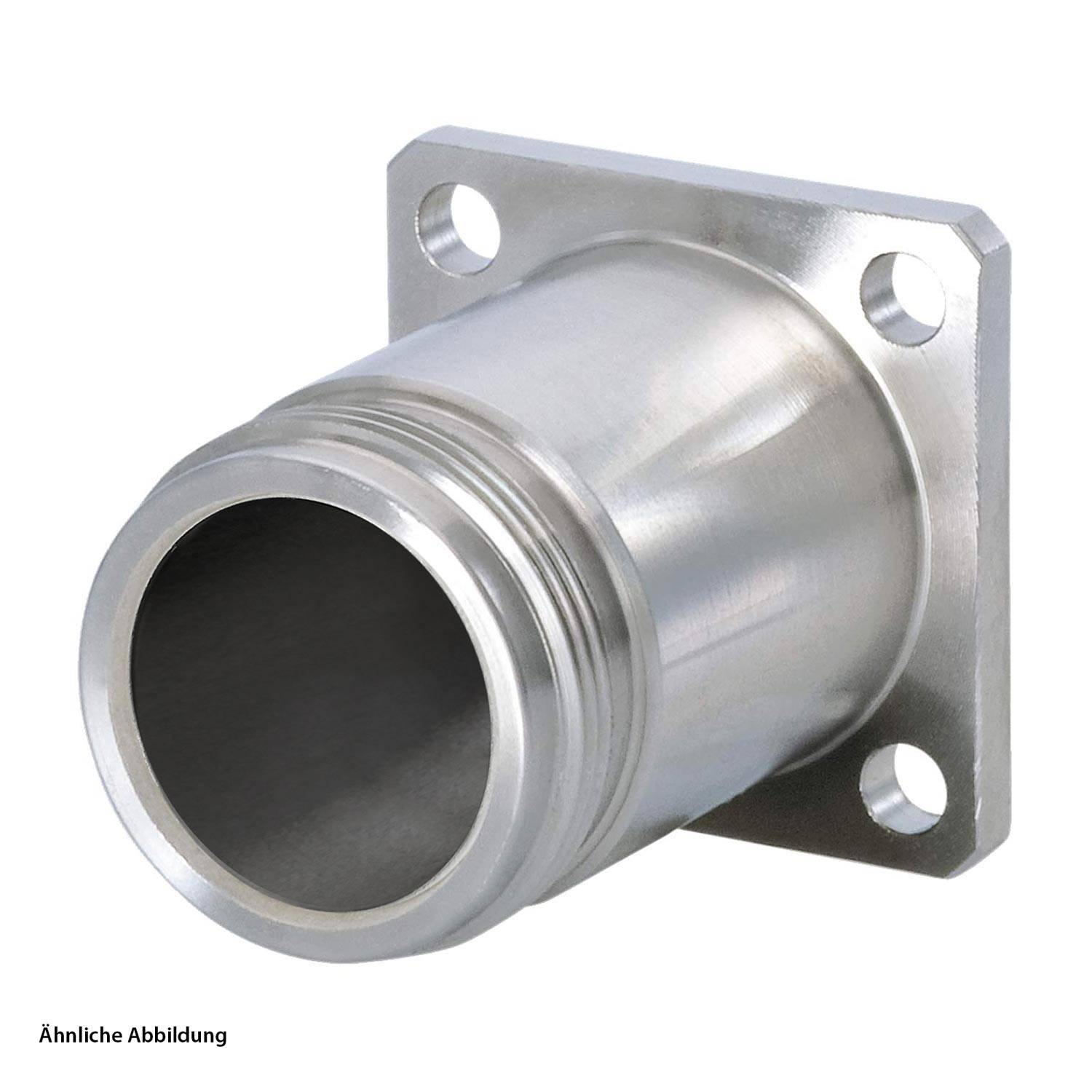 Eine Metallrohrverschraubung mit einem Flansch und vier Befestigungslöchern, die wahrscheinlich zum Verbinden von Rohren oder zur Befestigung in einem System verwendet wird.