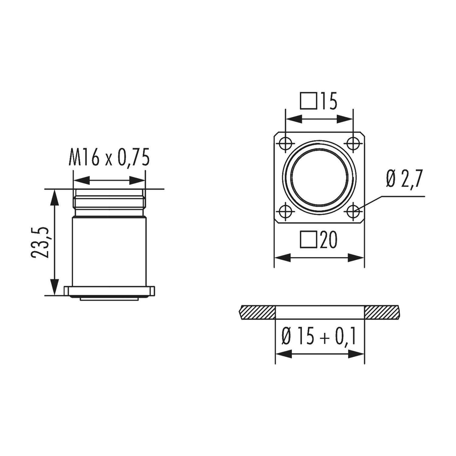 Technische Zeichnung einer zylindrischen Komponente. Maße: 23,5 Höhe, M16 x 0,75 Gewinde, Zylinder mit 15 Durchmesser, Befestigungslochöffnung von 2,7 Durchmesser und Abstand zwischen Lochmittelpunkten von 20.