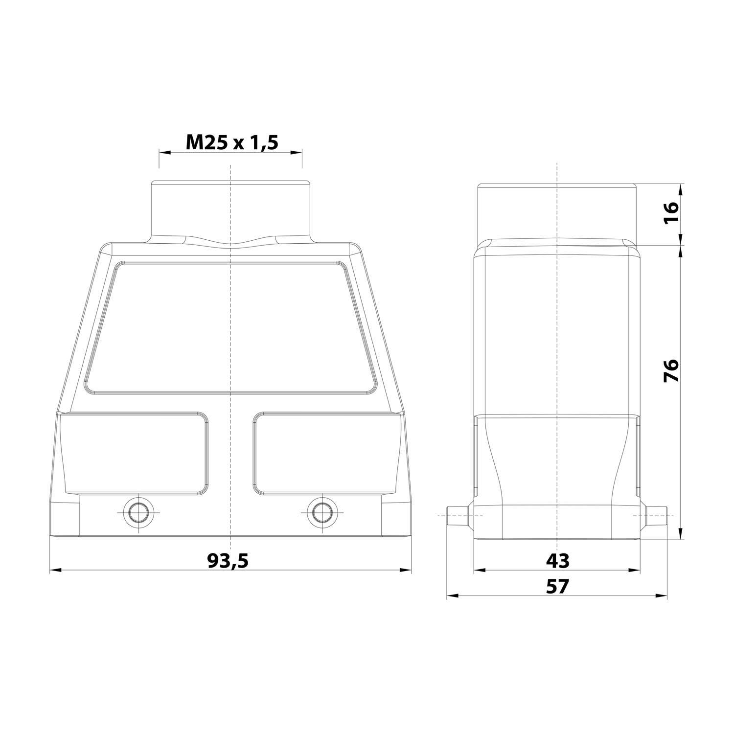 05300160460 HARTING Han 16B Tüllengehäuse hoch, 1xM25 gerader Kabelabgang, für 2 Bügel (am Unterteil) Verschraubung M25