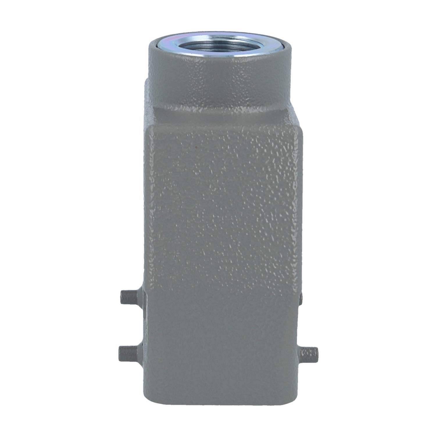 Ein hoher, rechteckiger Metallblock mit einer gewindeten Öffnung an der Oberseite und zwei hervorstehenden Anschlüssen an der Seite, der als Komponente für ein hydraulisches Ventil verwendet wird.