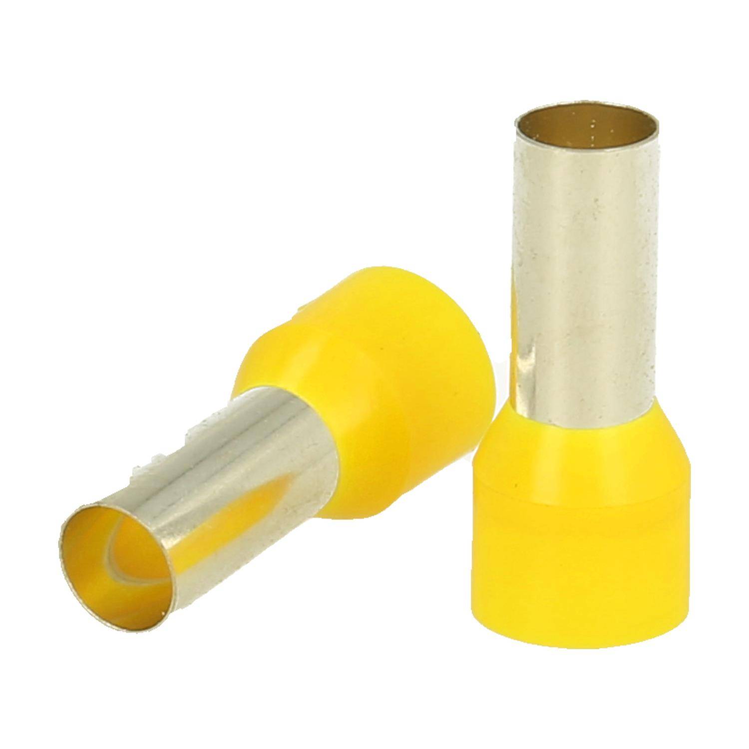 Zwei gelbe isolierte Anschlussklemmen, eine aufrecht stehend und die andere liegend, die für elektrische Verbindungen verwendet werden.