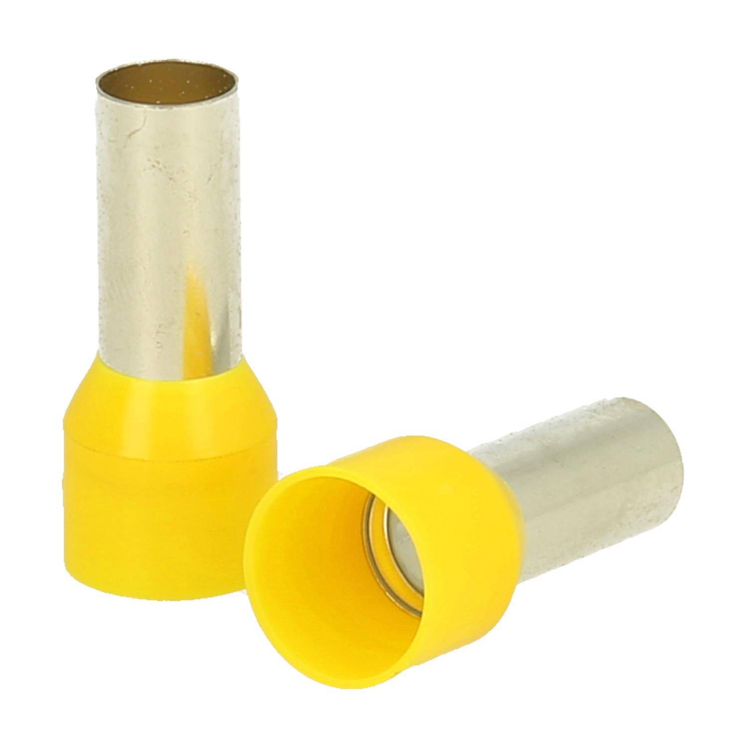 Zwei gelbe isolierte elektrische Verbinder, einer aufrecht stehend und der andere liegend, auf einem schlichten weißen Hintergrund.