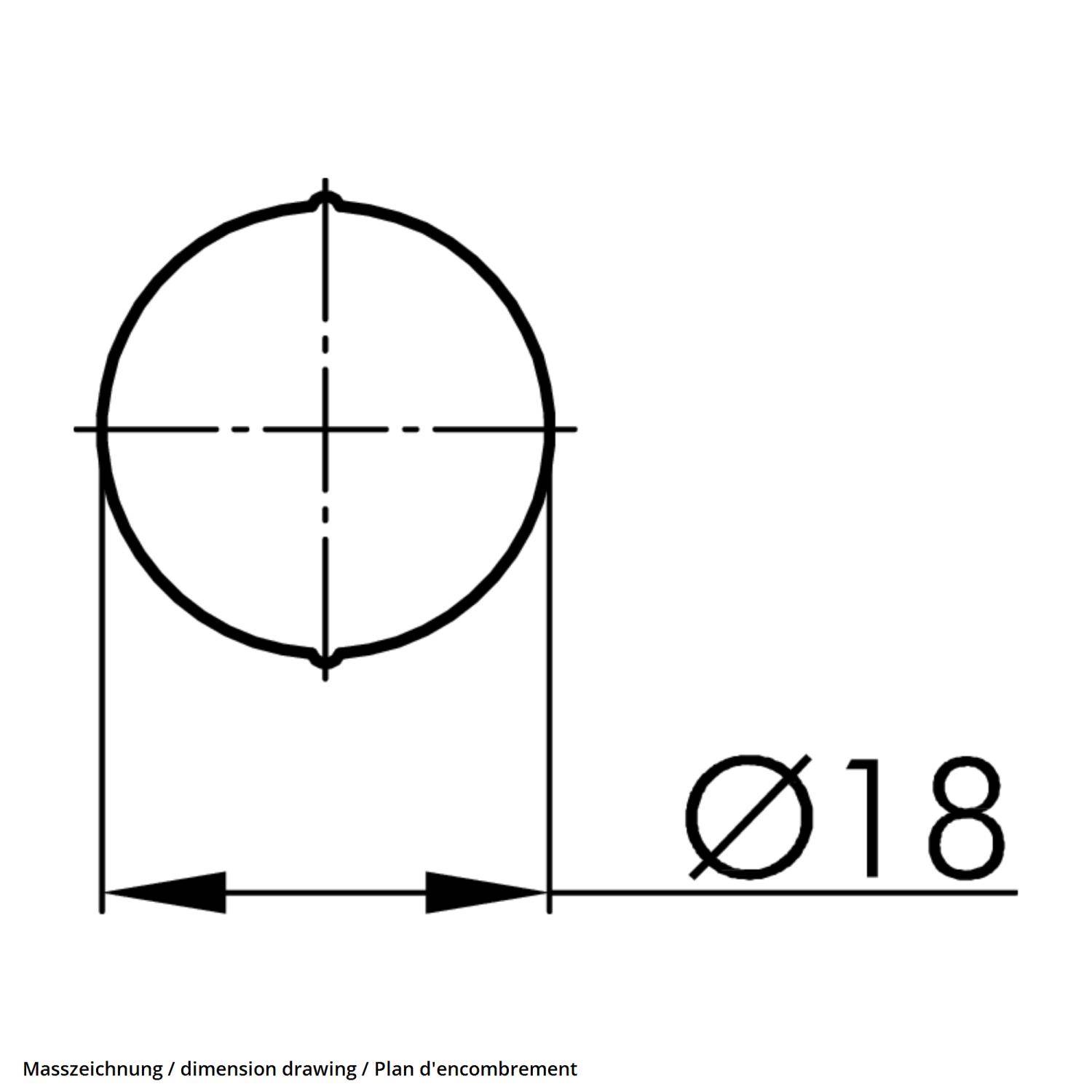 Maßzeichnung mit einem Kreis mit einem Durchmesser von 18.