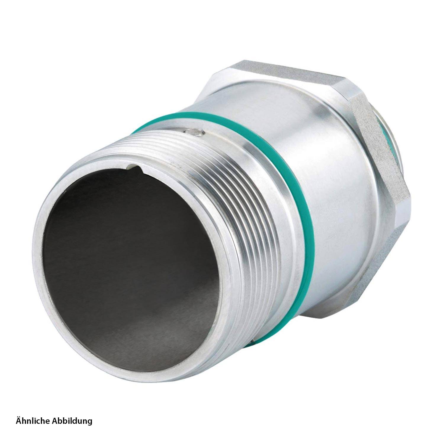 Metall-Rohrverschraubung mit gewindiertem Steckanschluss, grüner Dichtungsring, verwendet zum Verbinden von Rohrleitungen in elektrischen oder sanitären Installationen.