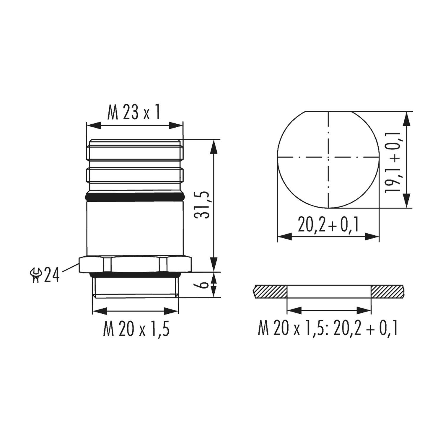 Technische Zeichnung eines zylindrischen Verbinders mit Abmessungen: 31,5 mm Höhe, 20 mm Durchmesser, M23x1 Gewinde oben und M20x1,5 Grundgewinde.