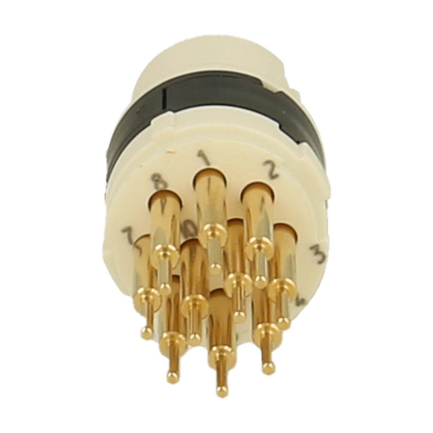 Ein Mehrpin-Elektronikstecker mit 13 vergoldeten Pins und nummeriertem weißem Gehäuse, der für elektrische Verbindungen verwendet wird.