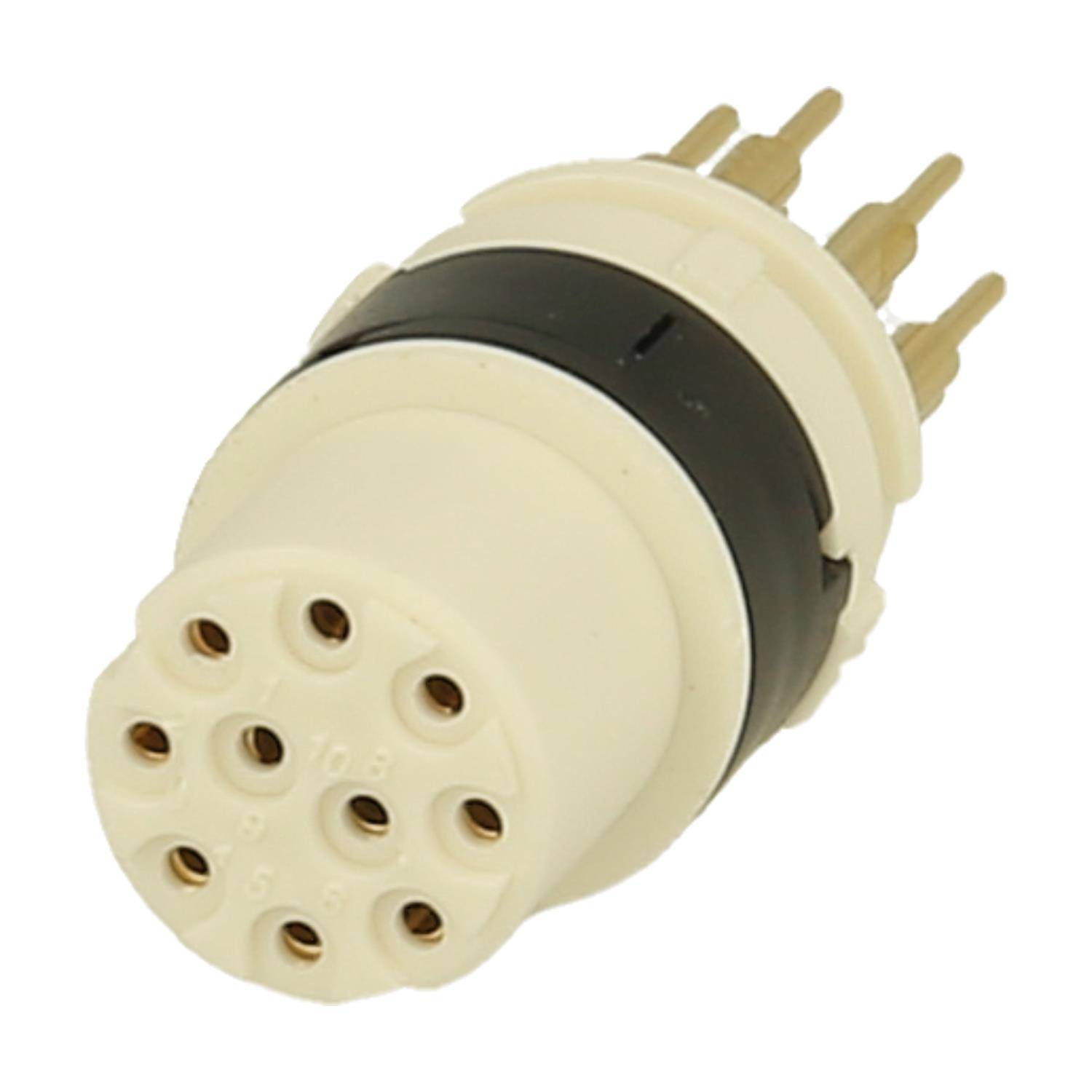 Ein 9-poliger runder Steckverbinder mit beigefarbener Gehäuse und goldenen Kontakten, der für elektrische Verbindungen in elektronischen Geräten verwendet wird.