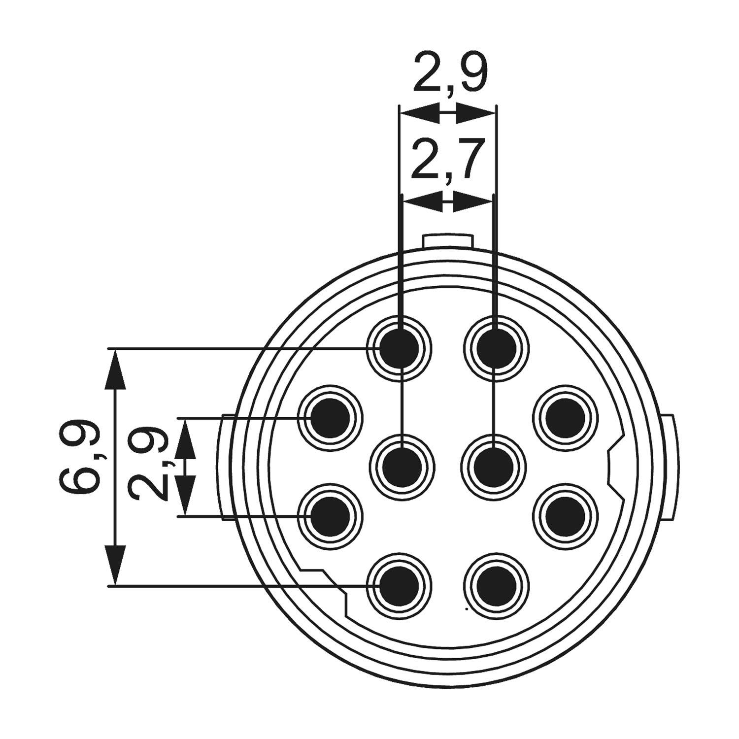 Diagramm eines kreisförmigen elektrischen Anschlusses mit sieben gleichmäßig verteilten Pins. Maße: Außendurchmesser 6,9, Pin-Abstand 2,9 und 2,7.