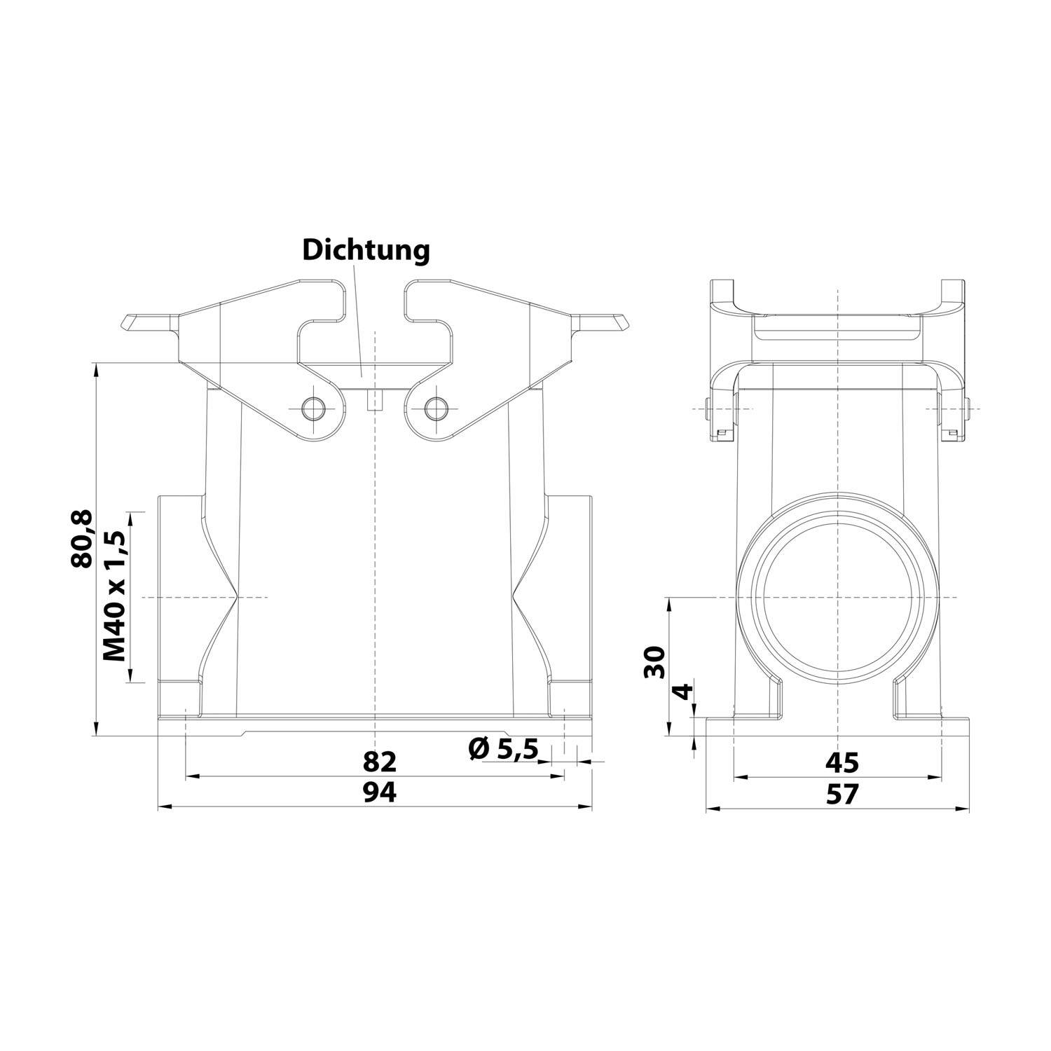 04300100278 HARTING Han 10B Sockelgehäuse hoch, 1xM40 seitlicher Kabelabgang, mit 2 Querbügeln Verschraubung M40