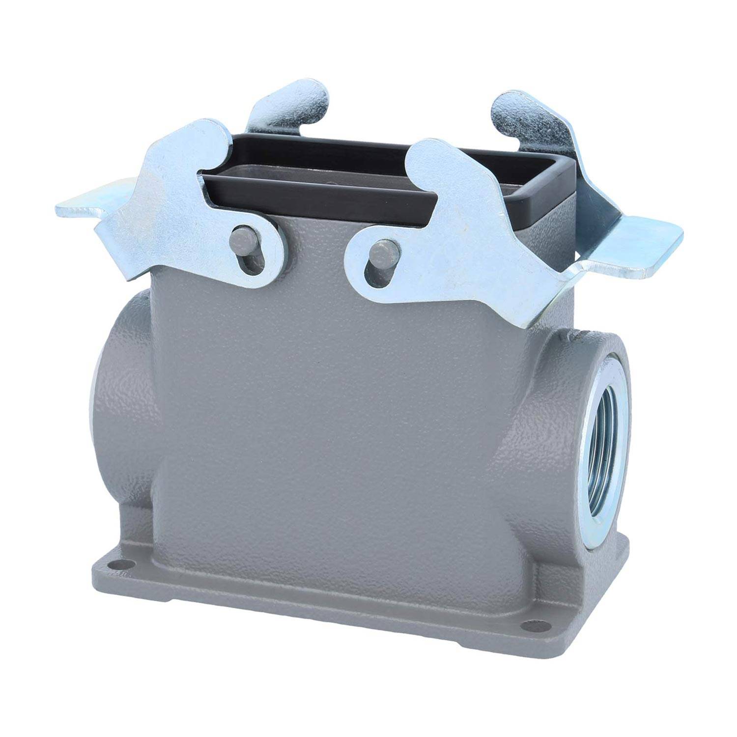 Ein rechteckiges graues Metallverbindungsgehäuse mit hervorstehenden Gewindeöffnungen an jeder Seite und metallischen Verriegelungshebeln oben.