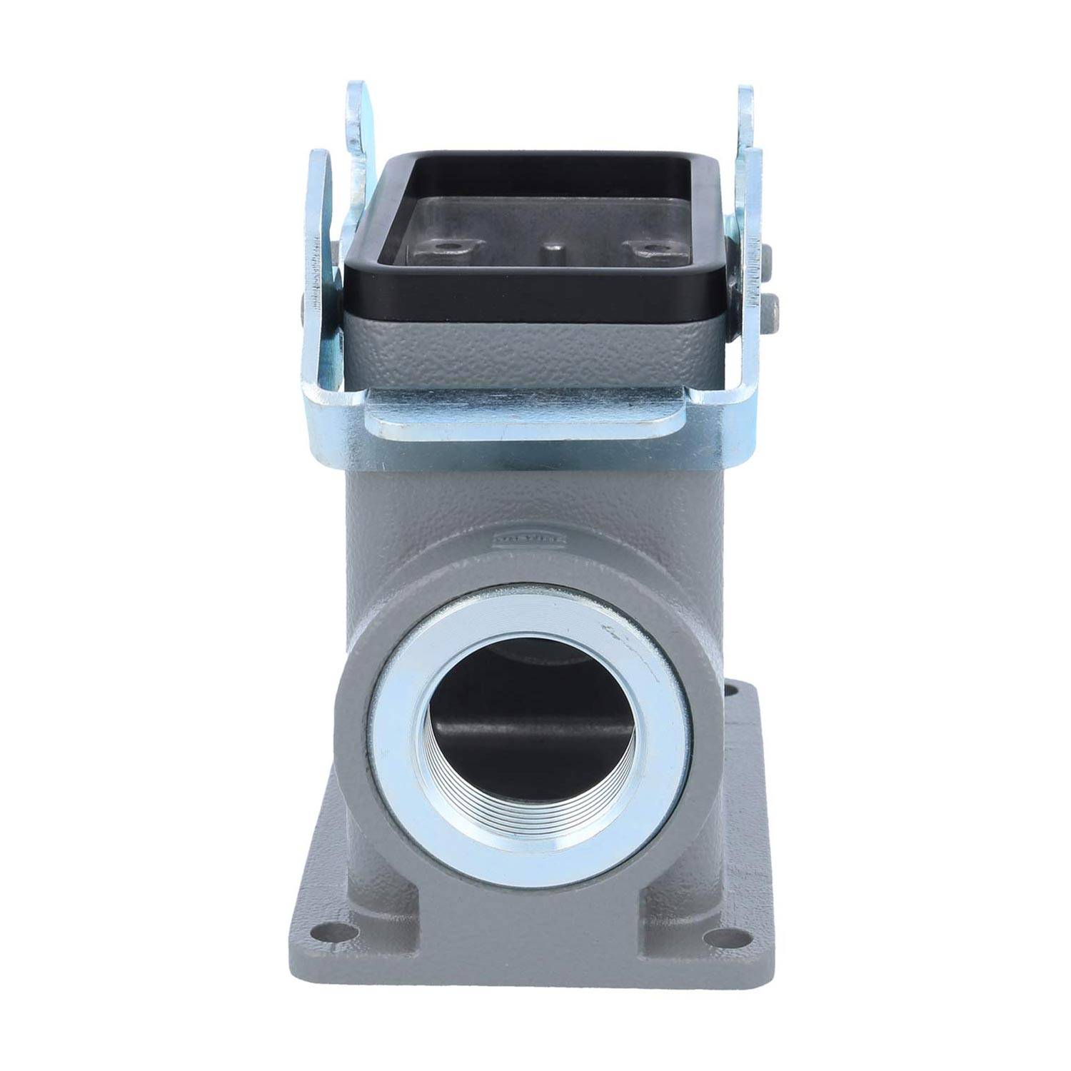 Ein industrielles Metallbauteil mit einer kreisförmigen Öffnung und einem Halterungsbügel oben, wahrscheinlich verwendet zum Montieren oder Ausrichten von Maschinenteilen.