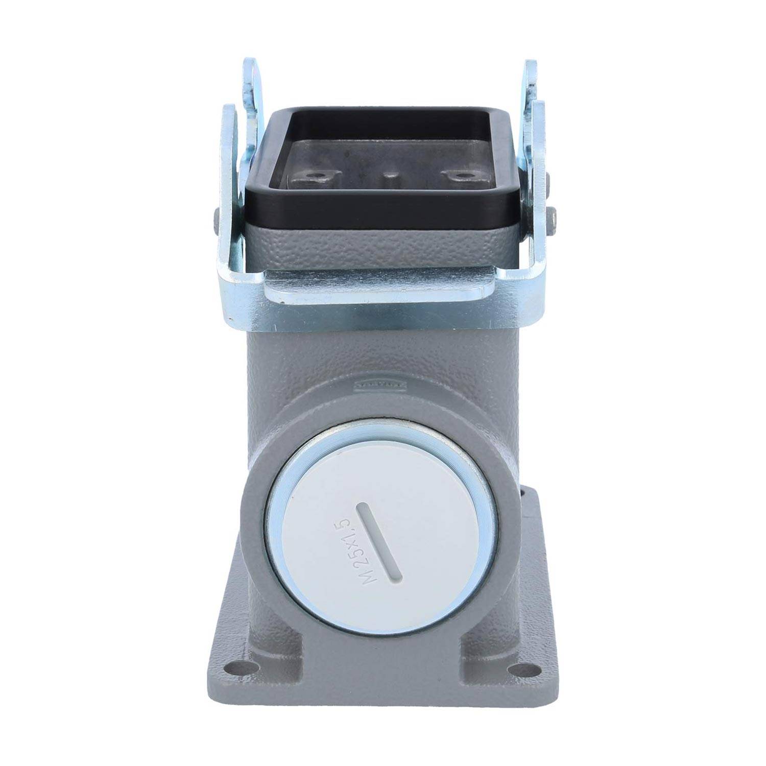 Eine silber-schwarze industrielle Verschlussvorrichtung mit einem rotierenden Mechanismus ist auf einer flachen Basis montiert.