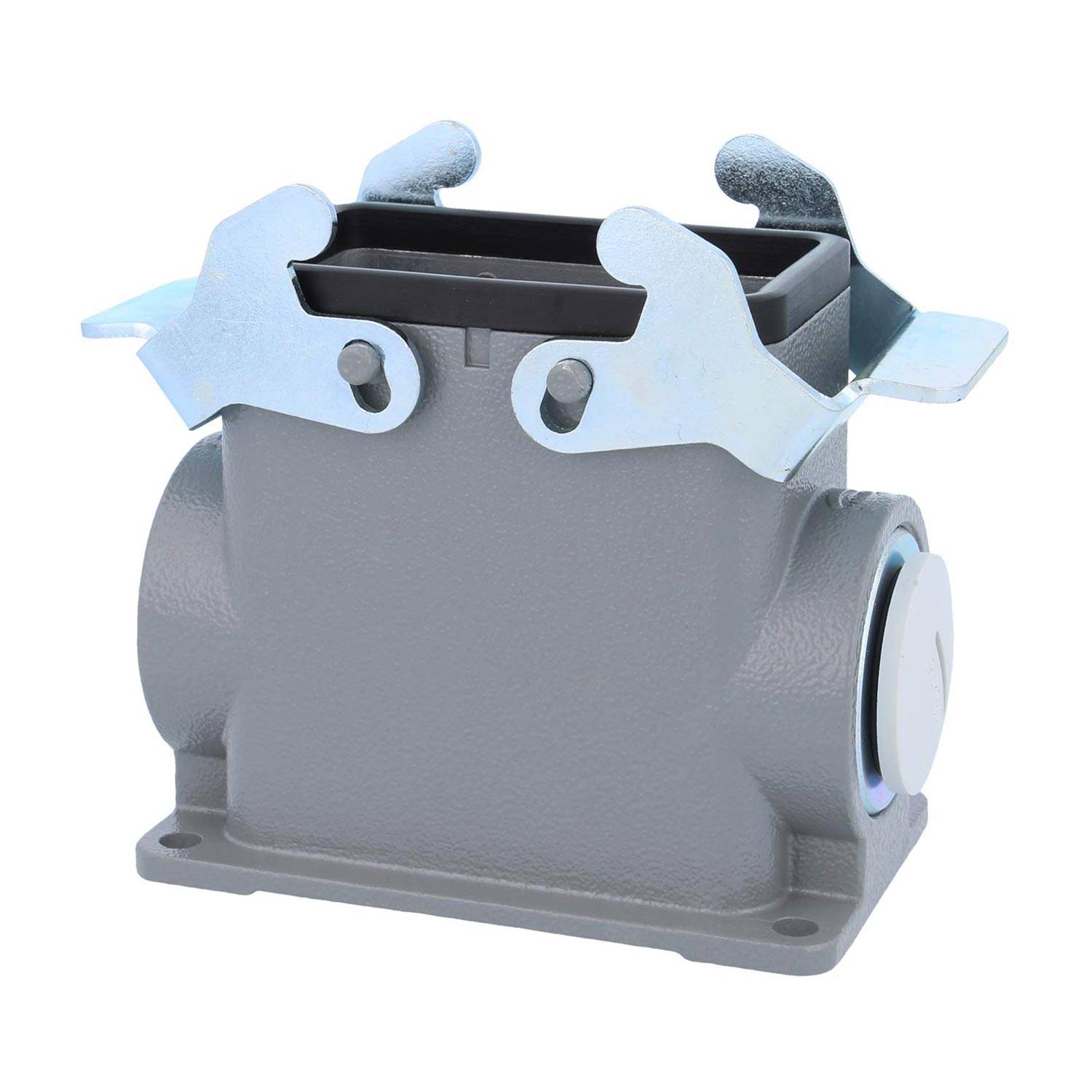 Ein graues elektrisches Anschlussgehäuse mit einer rechteckigen Öffnung und Metallverriegelungsclips oben.