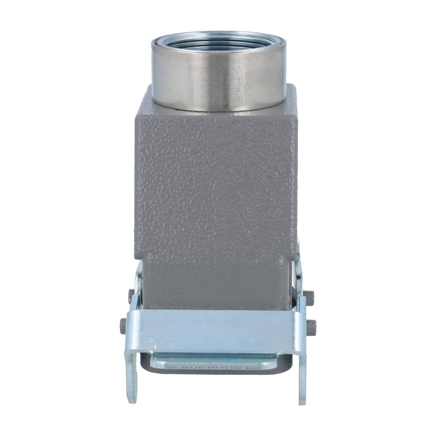 Ein rechteckiges, graues industrielles Anschlussgehäuse mit metallischer Oberfläche und einer kreisförmigen Öffnung an der Oberseite, geeignet für elektrische Anwendungen.