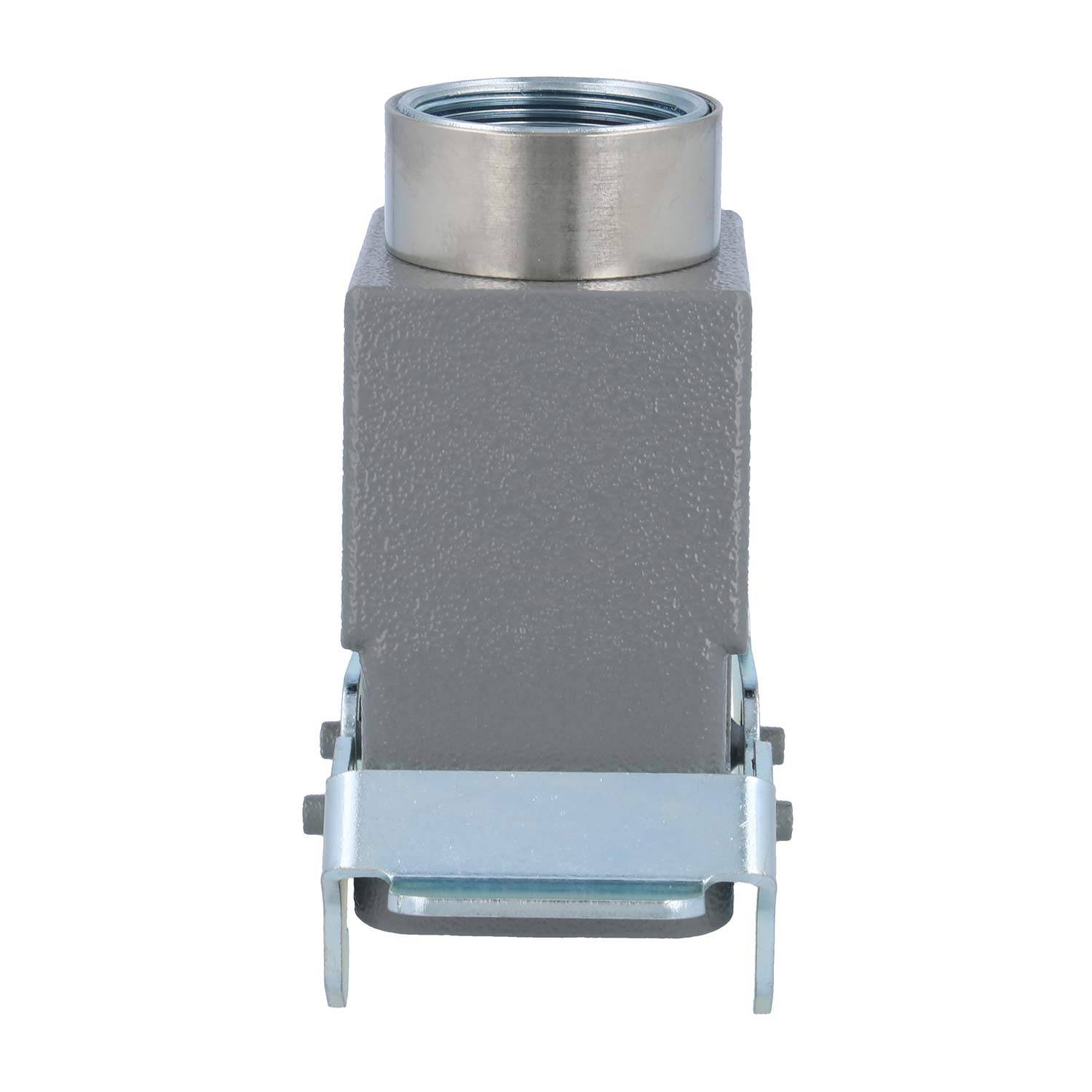 Ein Industrieverbindungsgehäuse aus Metall mit rechteckiger Grundfläche, das eine kreisförmige Öffnung an der Oberseite und eine seitliche Verriegelung zum Sichern von Kabeln aufweist.