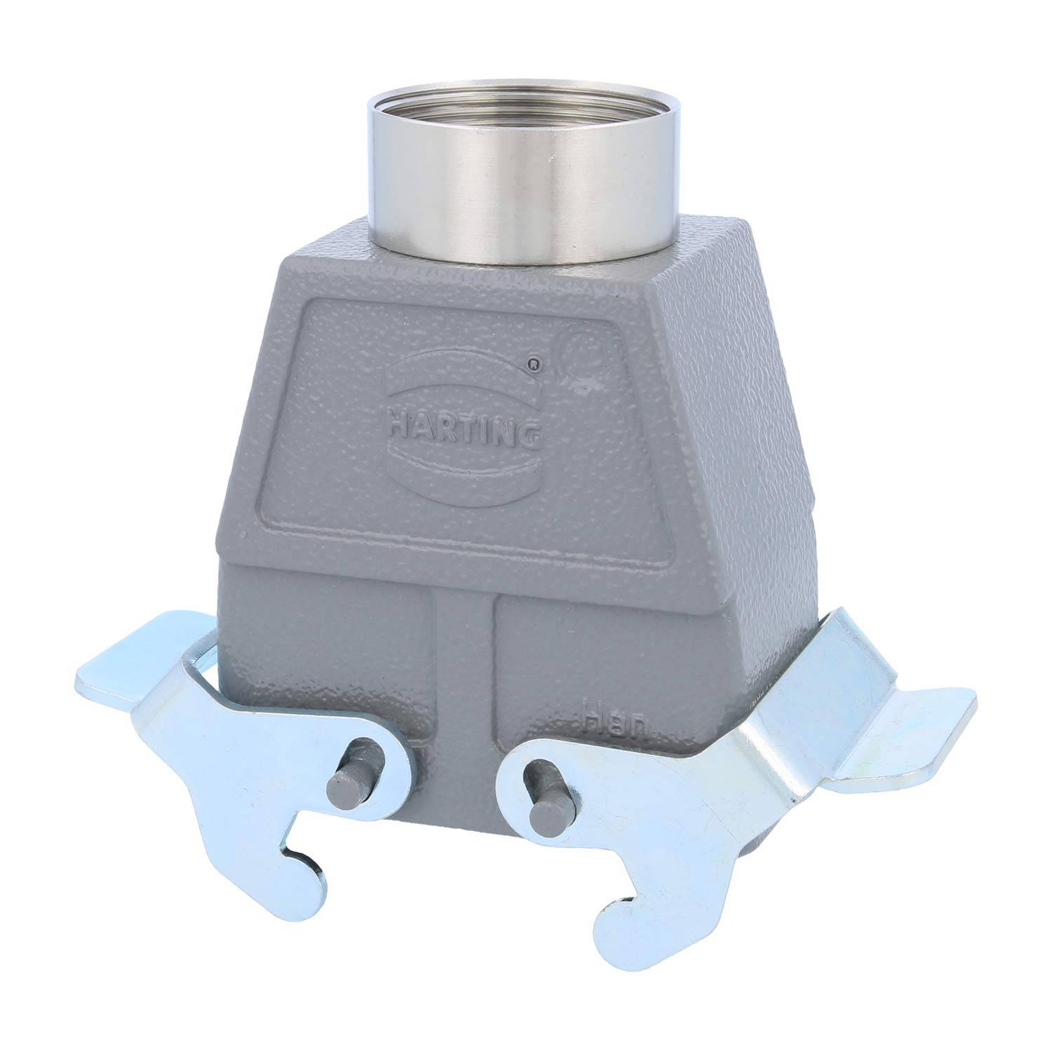 Ein graues industrielles Anschlussgehäuse mit einem Har-Mik Markenlogo und zwei metallischen Verriegelungen an beiden Seiten für eine sichere Befestigung.