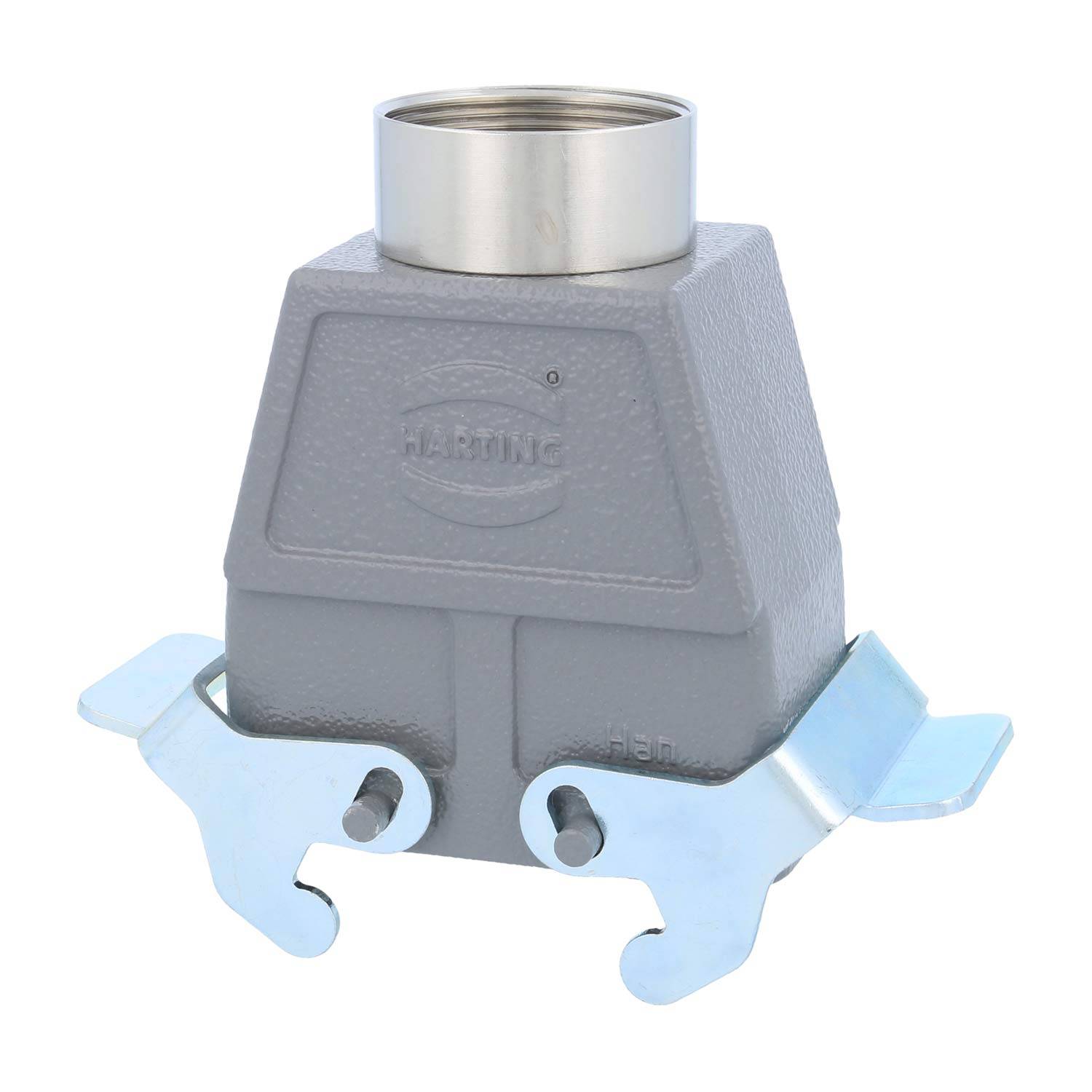 Ein rechteckiges, graues Metallverbindungsgehäuse mit einer kreisförmigen Oberseite und zwei metallischen Verriegelungsclips an beiden Seiten, mit der Markenbezeichnung 'HARTING'.