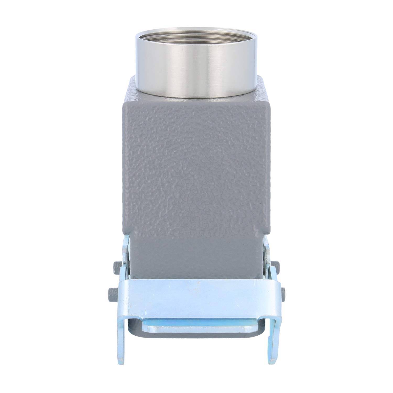 „Industrielle rechteckige elektrische Anschlussbuchse mit einem grauen Metallgehäuse und einem kreisrunden Deckel aus Edelstahl, entwickelt für sichere elektrische Verbindungen.