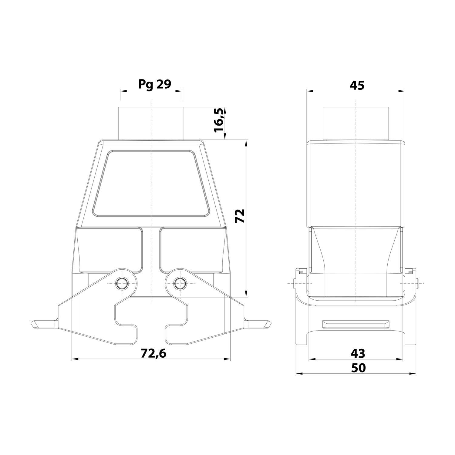 04300100433 HARTING Han 10B Tüllengehäuse hoch, 1xPG29 gerader Kabelabgang, mit 2 Querbügeln Verschraubung PG29