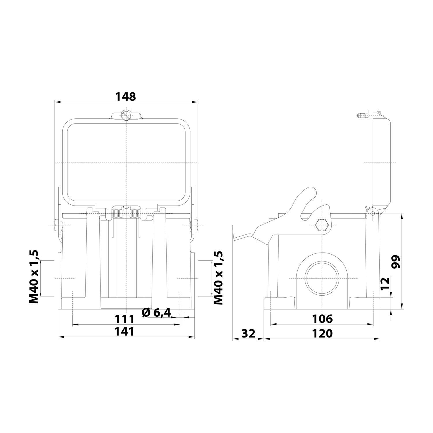 05300482262 HARTING Han 48B Sockelgehäuse hoch, 2xM40 seitlicher Kabelabgang, mit 1 Längsbügel mit Schutzkappe Metall -