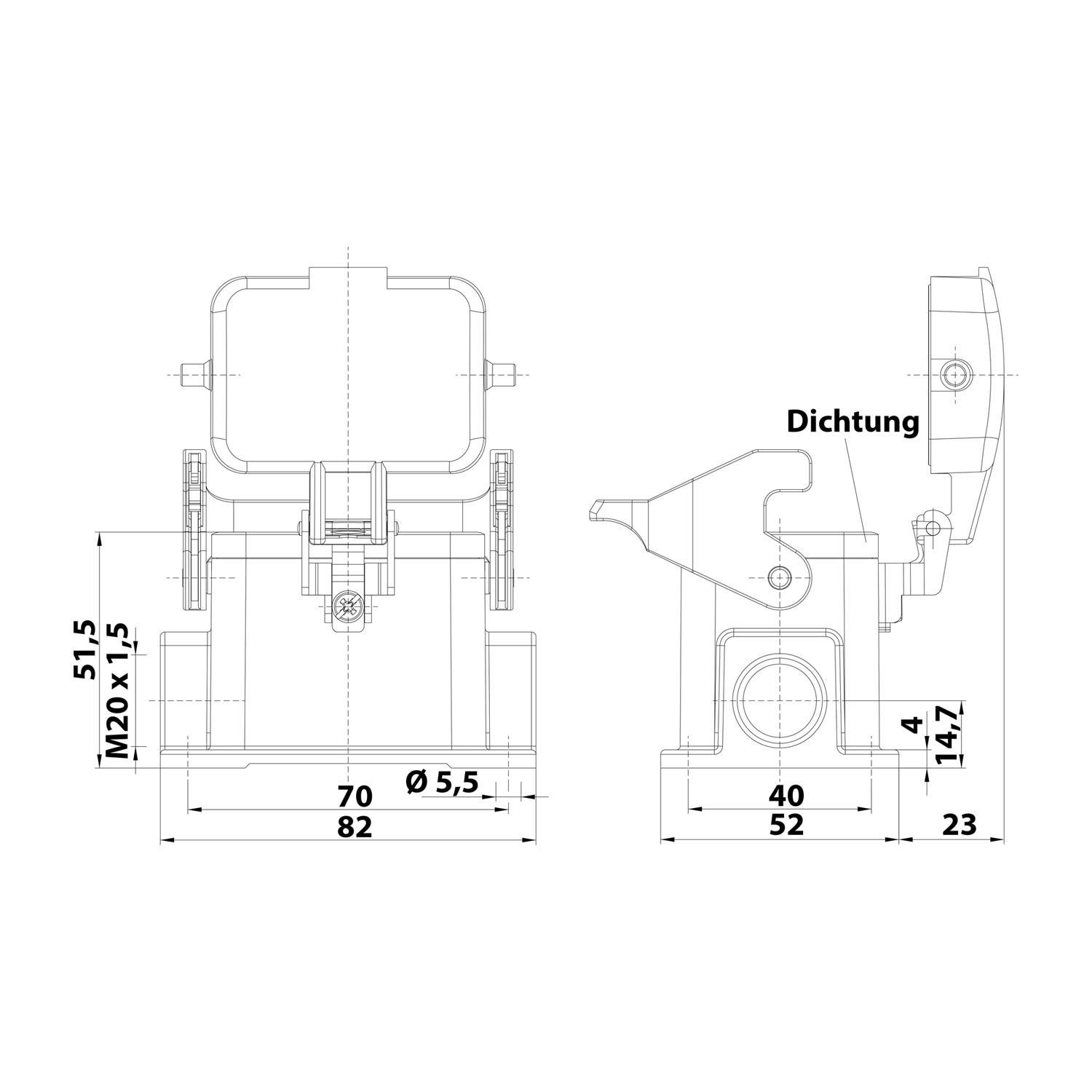 Technische Zeichnung eines mechanischen Bauteils mit Abmessungen in Millimetern. Beschriftungen zeigen 'Dichtung' und verschiedene Komponentenmessungen.