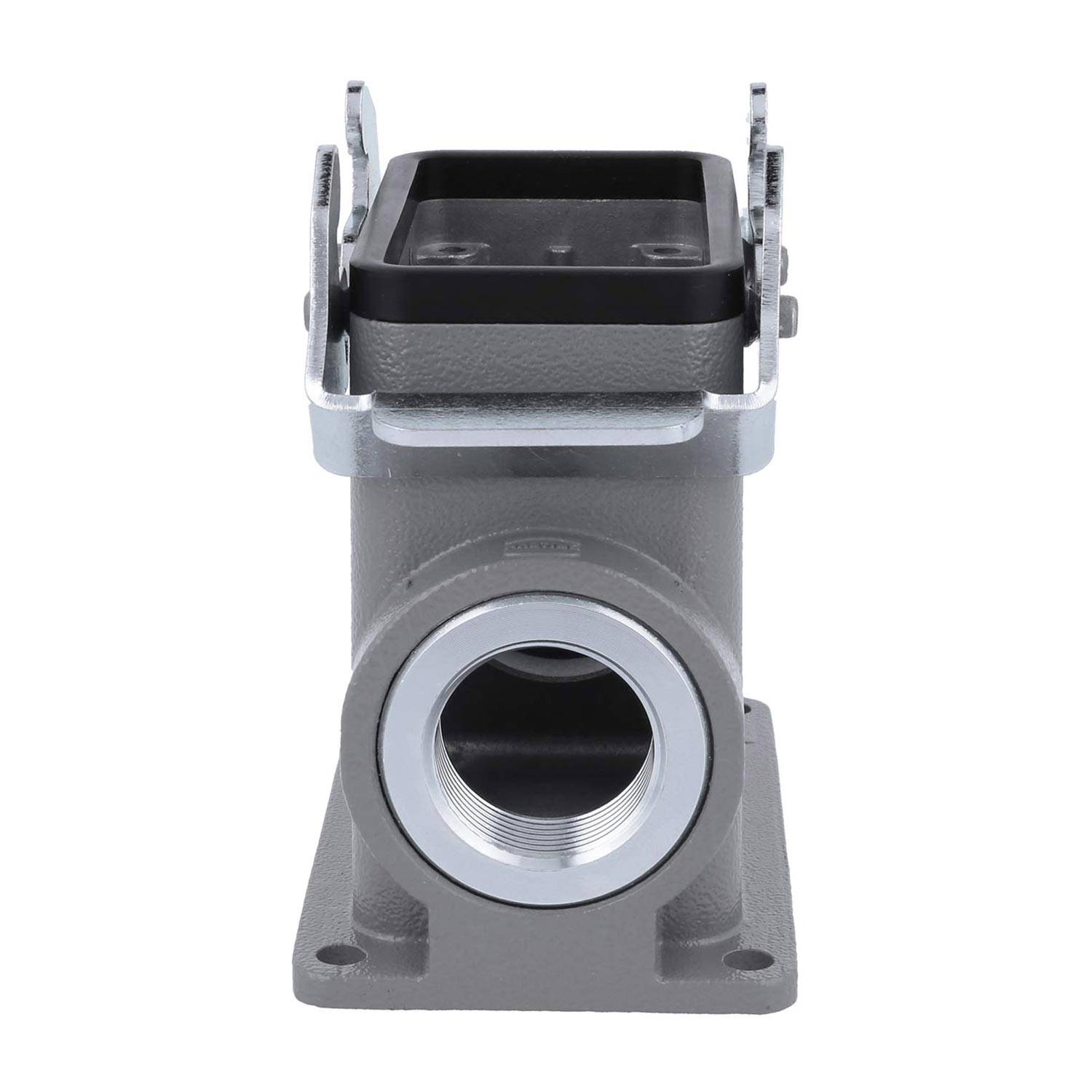 Eine graue Metallkomponente für industrielle Zwecke mit einer kreisförmigen Öffnung in der Mitte und einem rechteckigen Abschnitt oben, die für mechanische Anwendungen konzipiert ist.