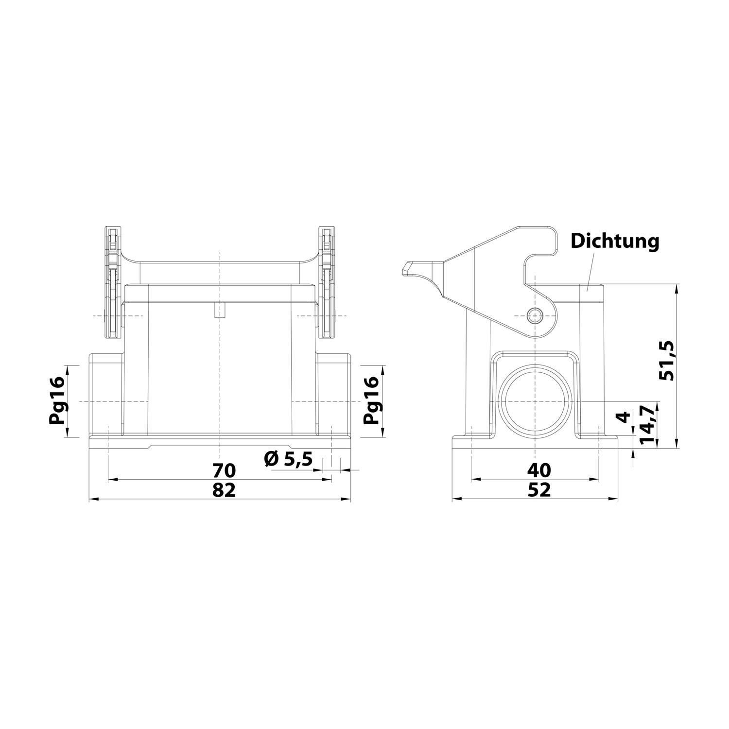 Technische Zeichnung eines mechanischen Bauteils mit Abmessungen: Breite 82 mm und Höhe 51,5 mm, mit einer als Dichtung gekennzeichneten Dichtung.