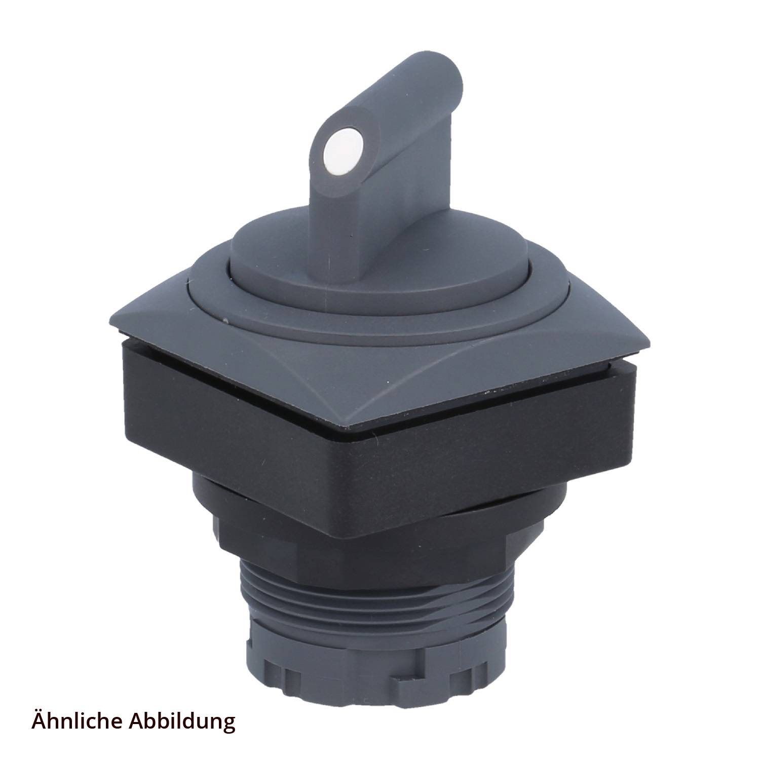 Ein schwarzer und grauer Joystick-Griff aus Kunststoff mit einer kreisförmigen Basis und einem seitlichen Knopf. Er ist für den Einbau in Bedienungspanels konzipiert.