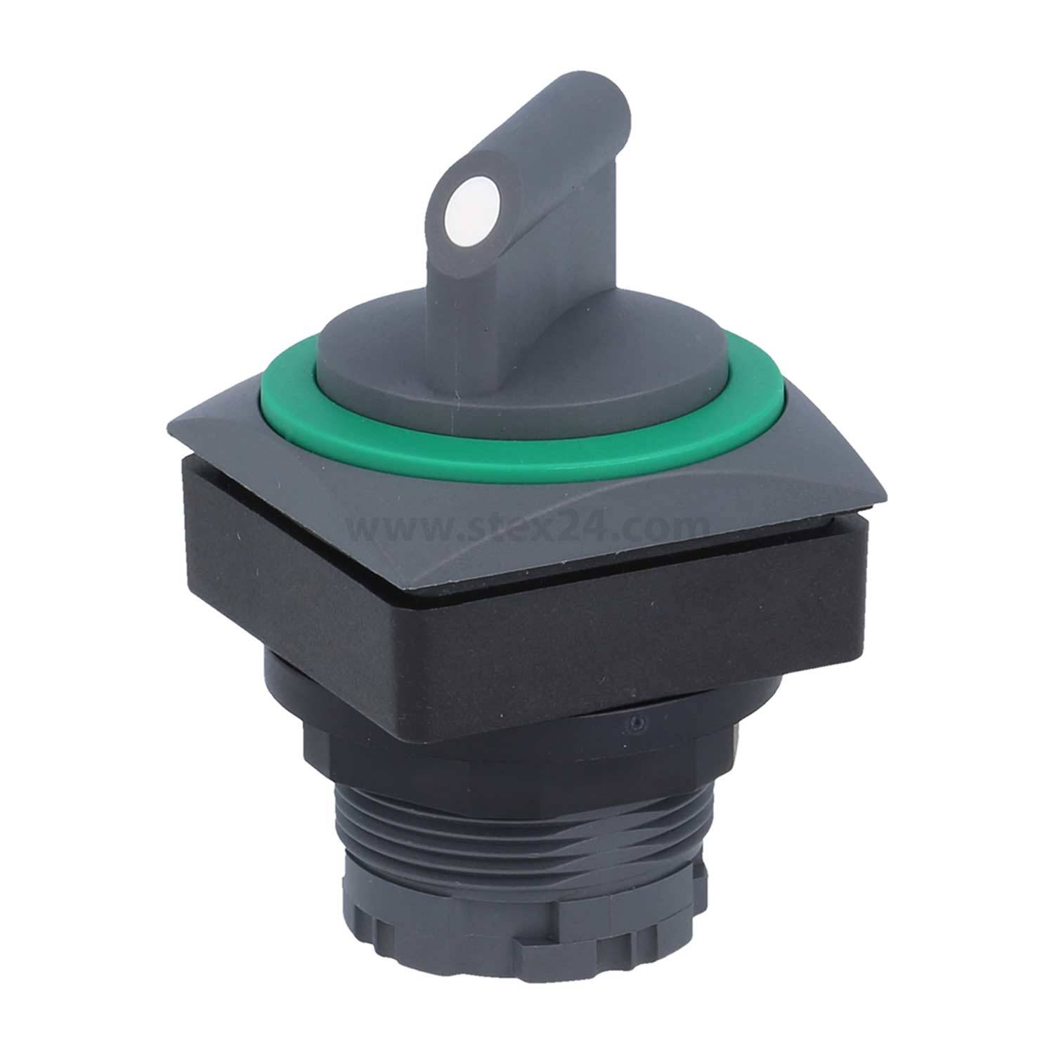 Ein grauer industrieller Kontrollschalter mit einem grünen Ring an seiner Basis, zum Einbau in Schaltschränke oder Bedienungspanels ausgelegt.