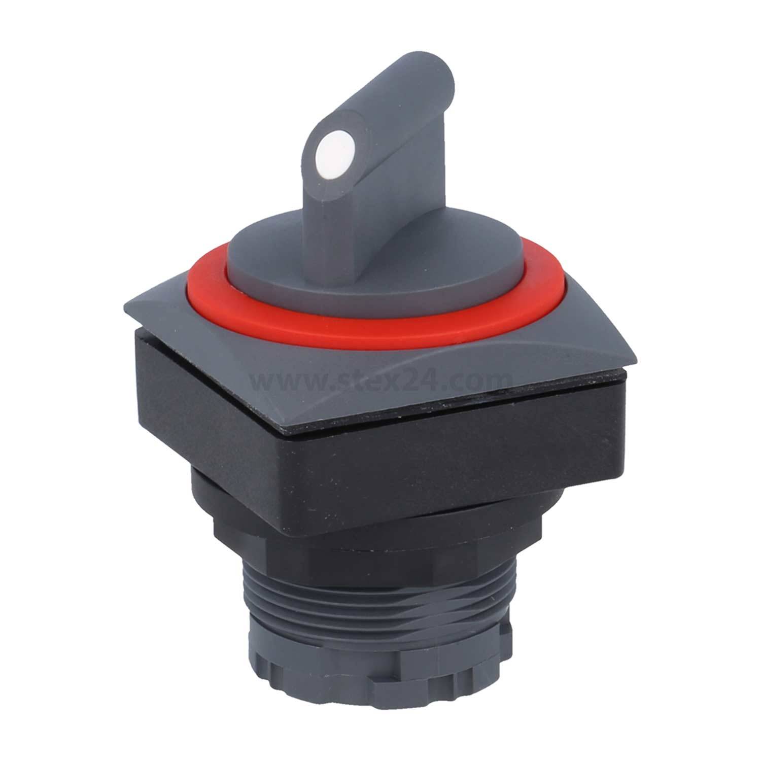 Ein schwarzer und grauer Elektrischer Schalter mit einem roten Ring um die Basis. Der Hebel ist horizontal positioniert mit einer kreisförmigen Vertiefung.