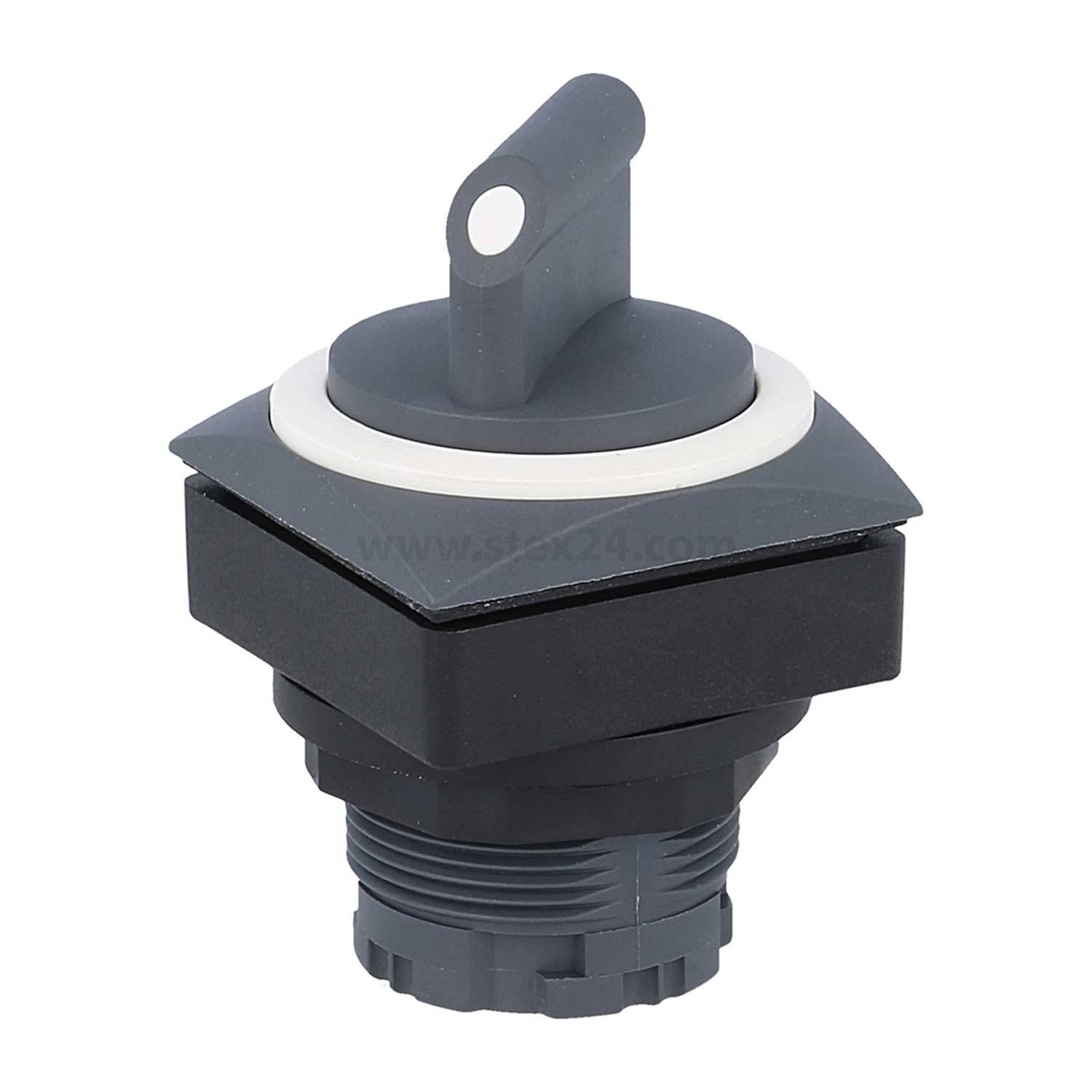 Ein grauer Drehschalter mit schwarzer Basis und weißem Rand um die Oberseite. Der Griff ist nach rechts geneigt und für die Befestigung an einer Platte ausgelegt.