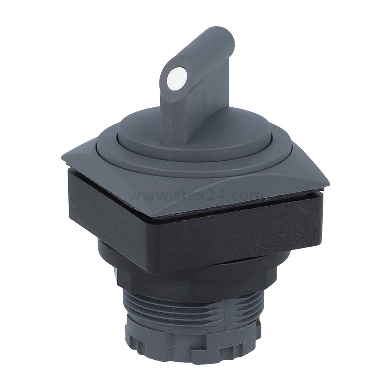 Ein schwarzer und grauer Drehschalter mit einem kurzen Hebel, zum Einbau auf einer Platte konzipiert.