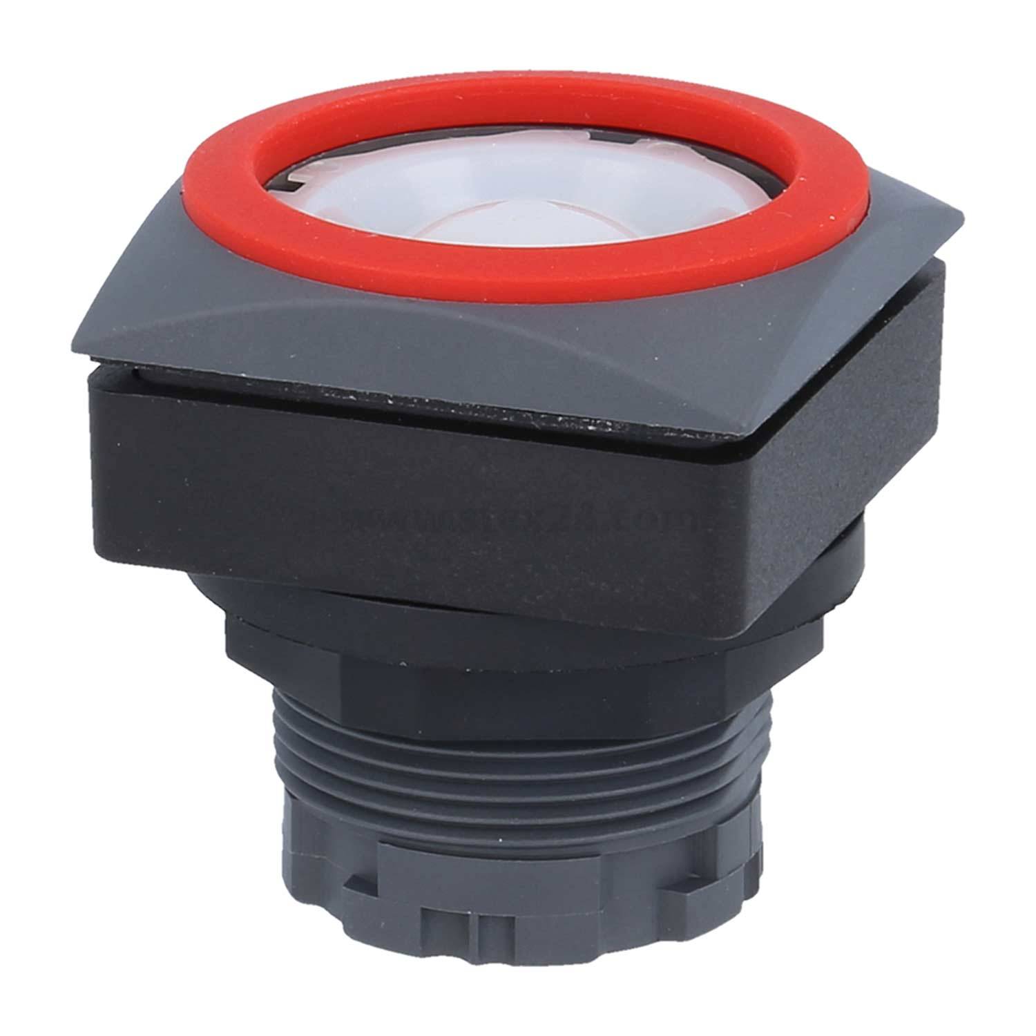 Ein quadratischer Notaus-Schalter mit rotem Ring und erhöhtem zentralen Bereich auf einer schwarzen Gewindebasis.