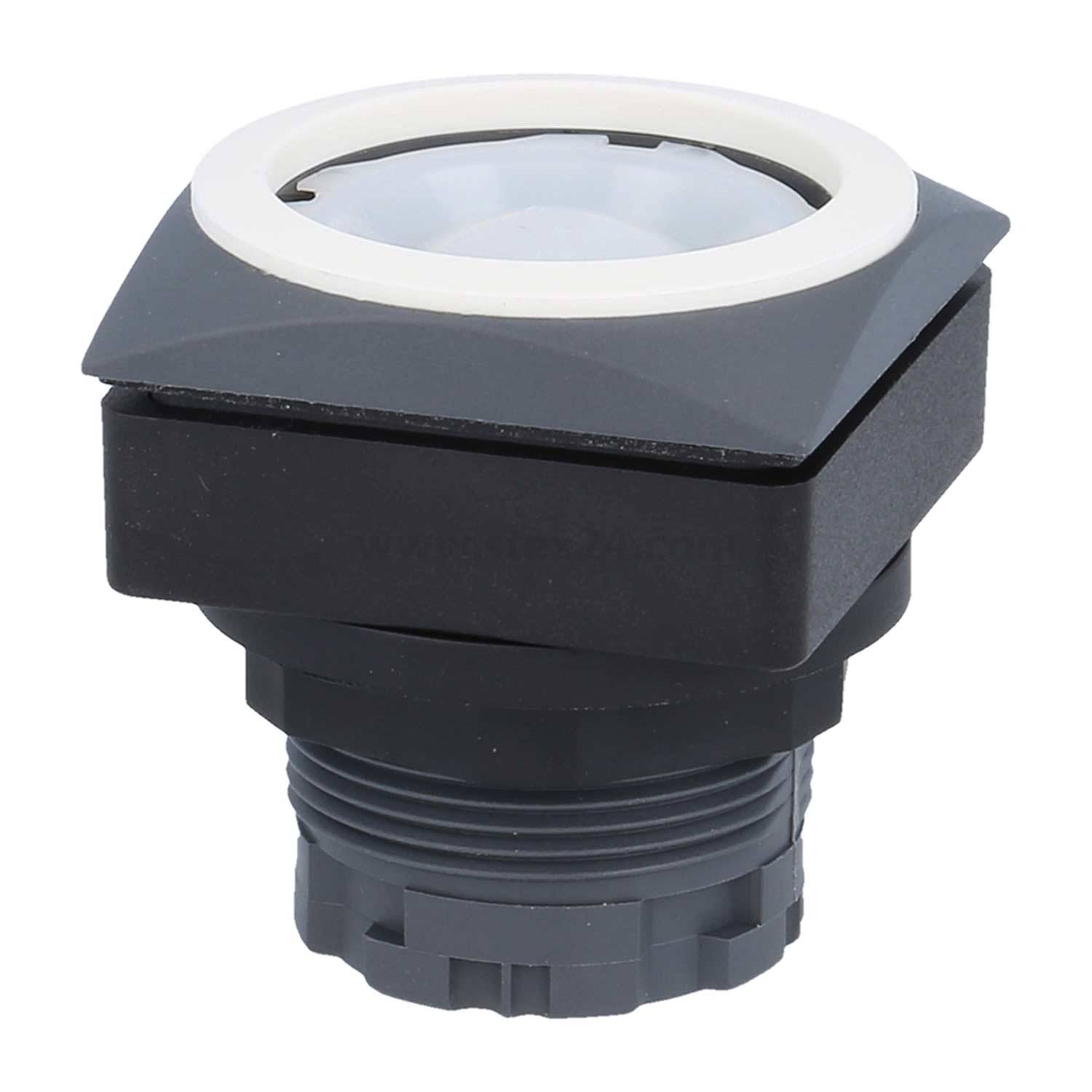 Ein rundes, schwarzes Gerät mit transparenter Oberfläche, das wie ein Knopf oder Sensorkomponente aussieht und für die Installation in einer Platte oder Ausrüstung vorgesehen ist.