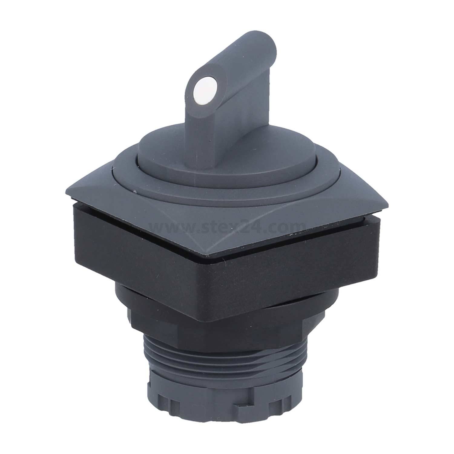 Ein grauer, quadratisch basierter Drehschalter mit Knopf zur manuellen Bedienung, mit industriellem Design und Gewindesockel zum Befestigen.