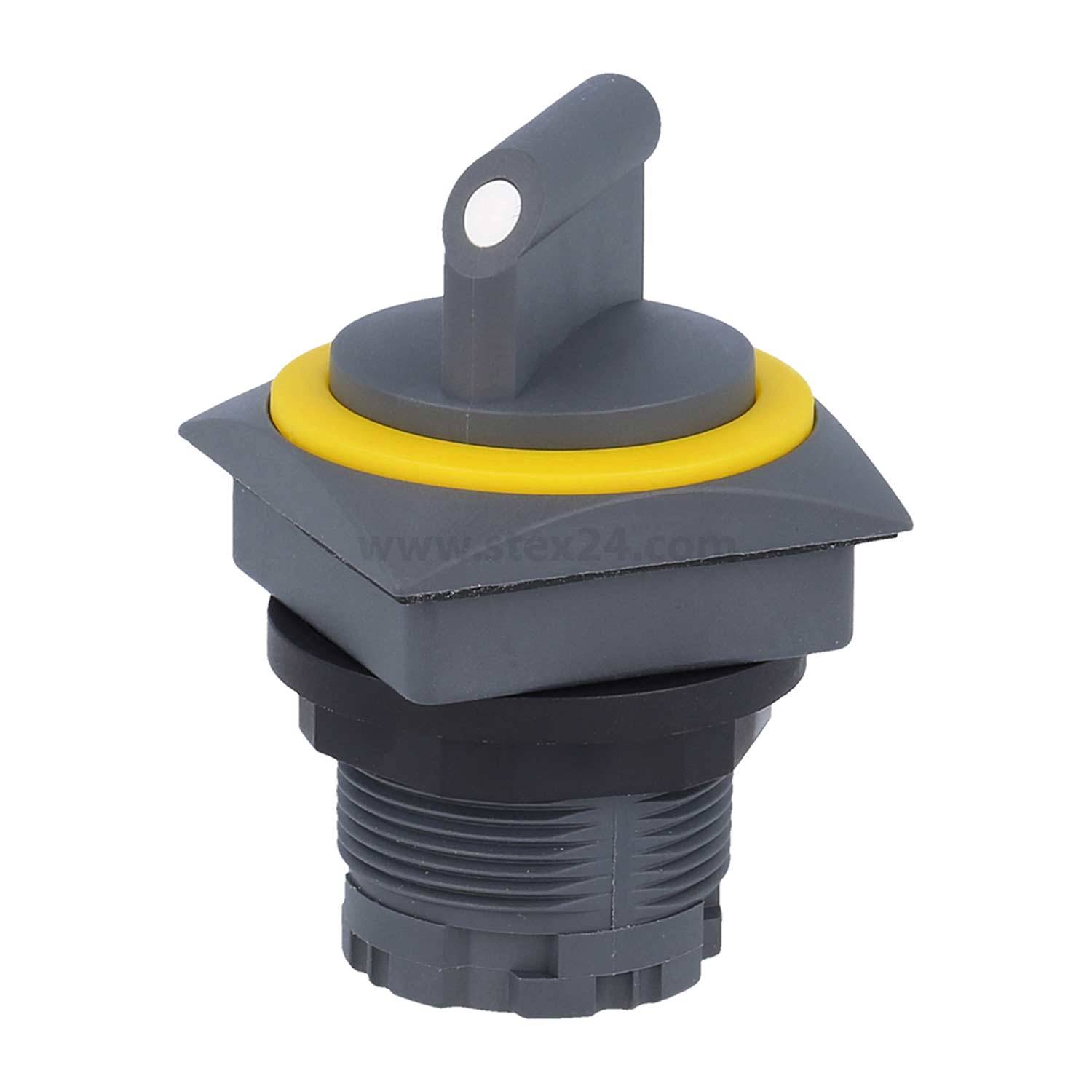 Ein grauer Drehschalter mit gelbem Rand, für Tafeleinbau konzipiert, ausgestattet mit einem Hebelgriff für manuelle Bedienung.