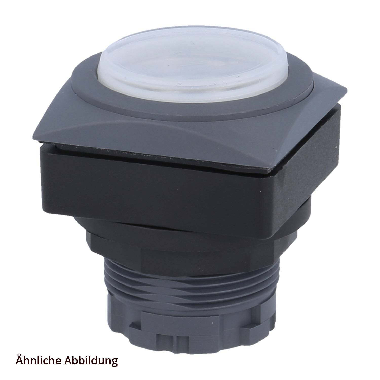 Ein schwarzer quadratischer Drucktastenschalter mit weißer Linse oben, geeignet zur Montage auf einer Tafel.