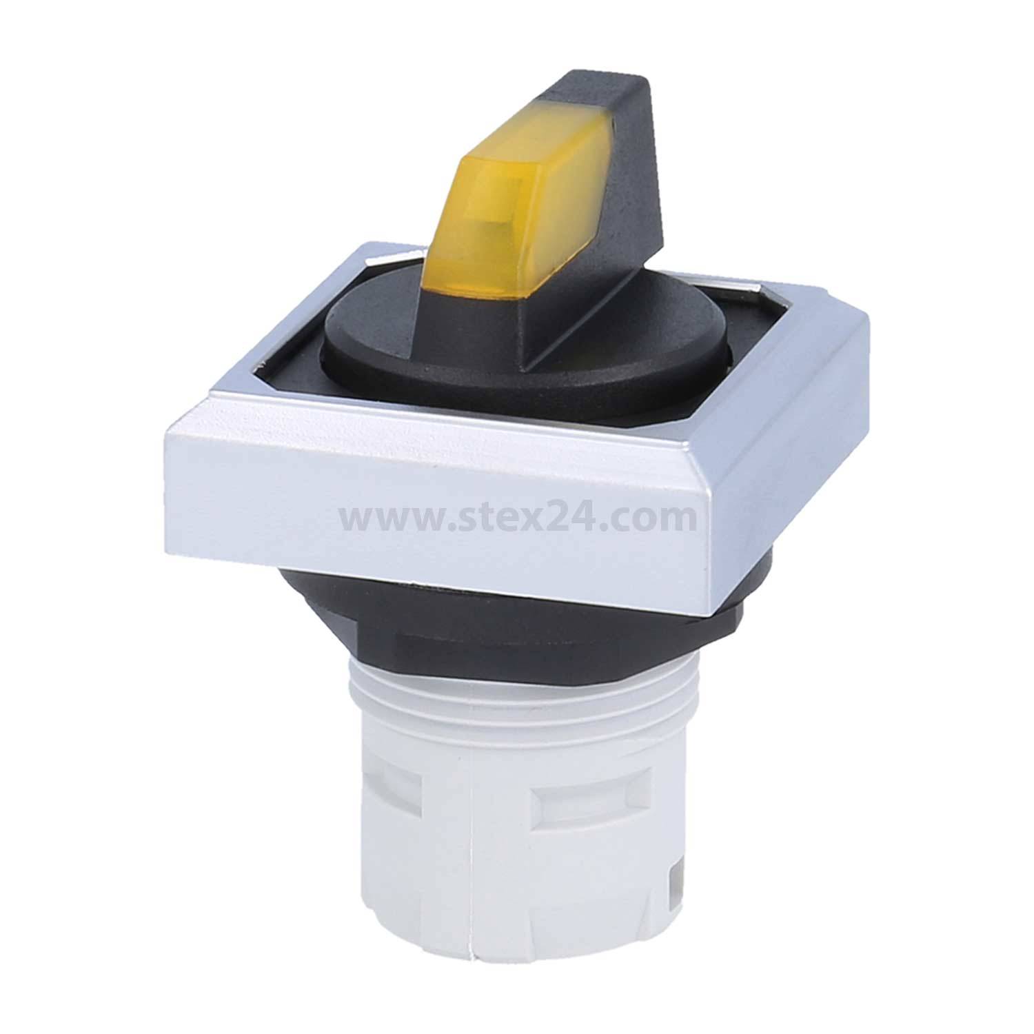 Ein industrieller Kontrollschalter mit einer gelben Anzeigelampe, montiert auf einer rechteckigen Metallbasis.