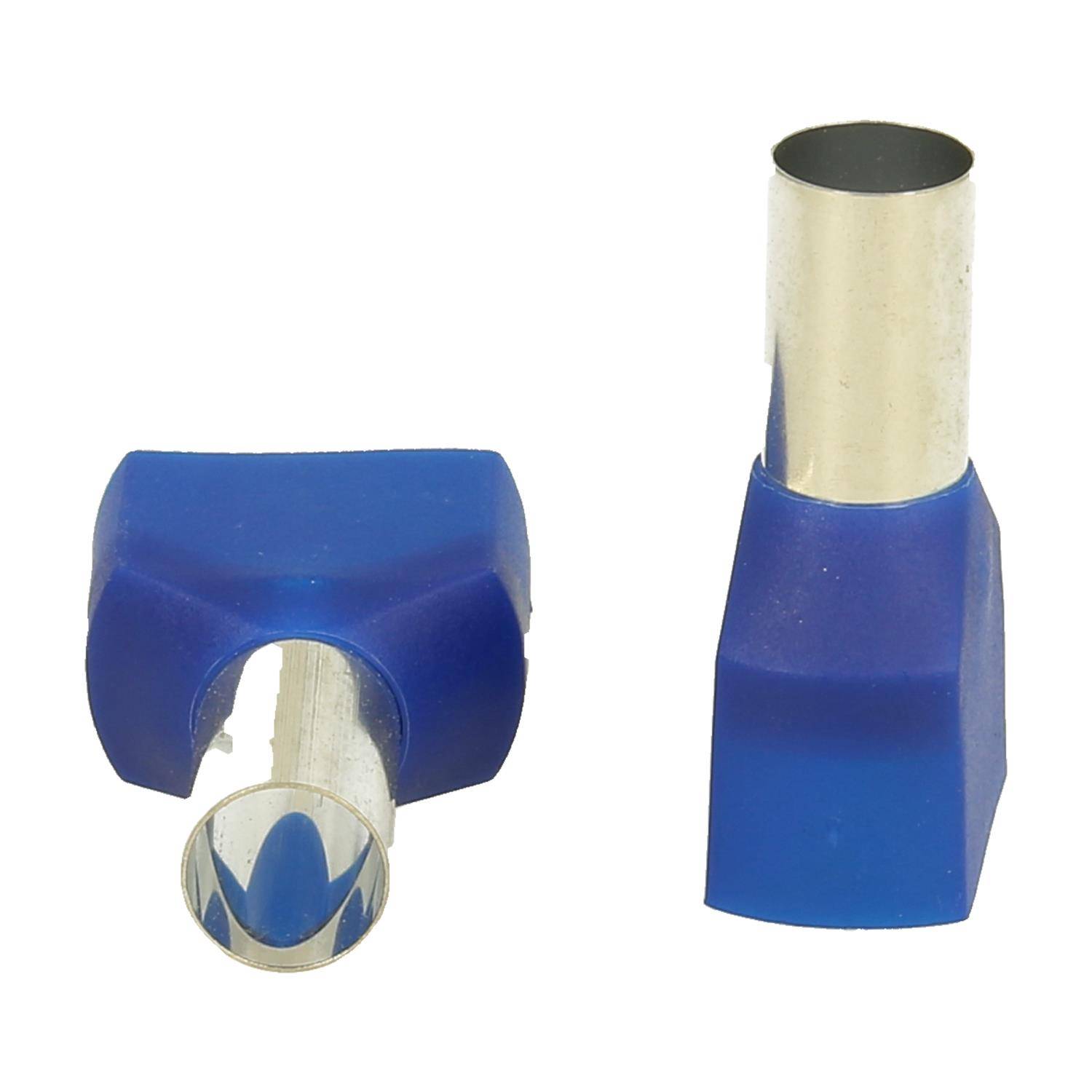 Zwei blaue Plastik-Crimpverbinder, wobei einer gedreht ist, um sein hohles zylindrisches Inneres zu zeigen, die zum Verbinden von elektrischen Kabeln verwendet werden.