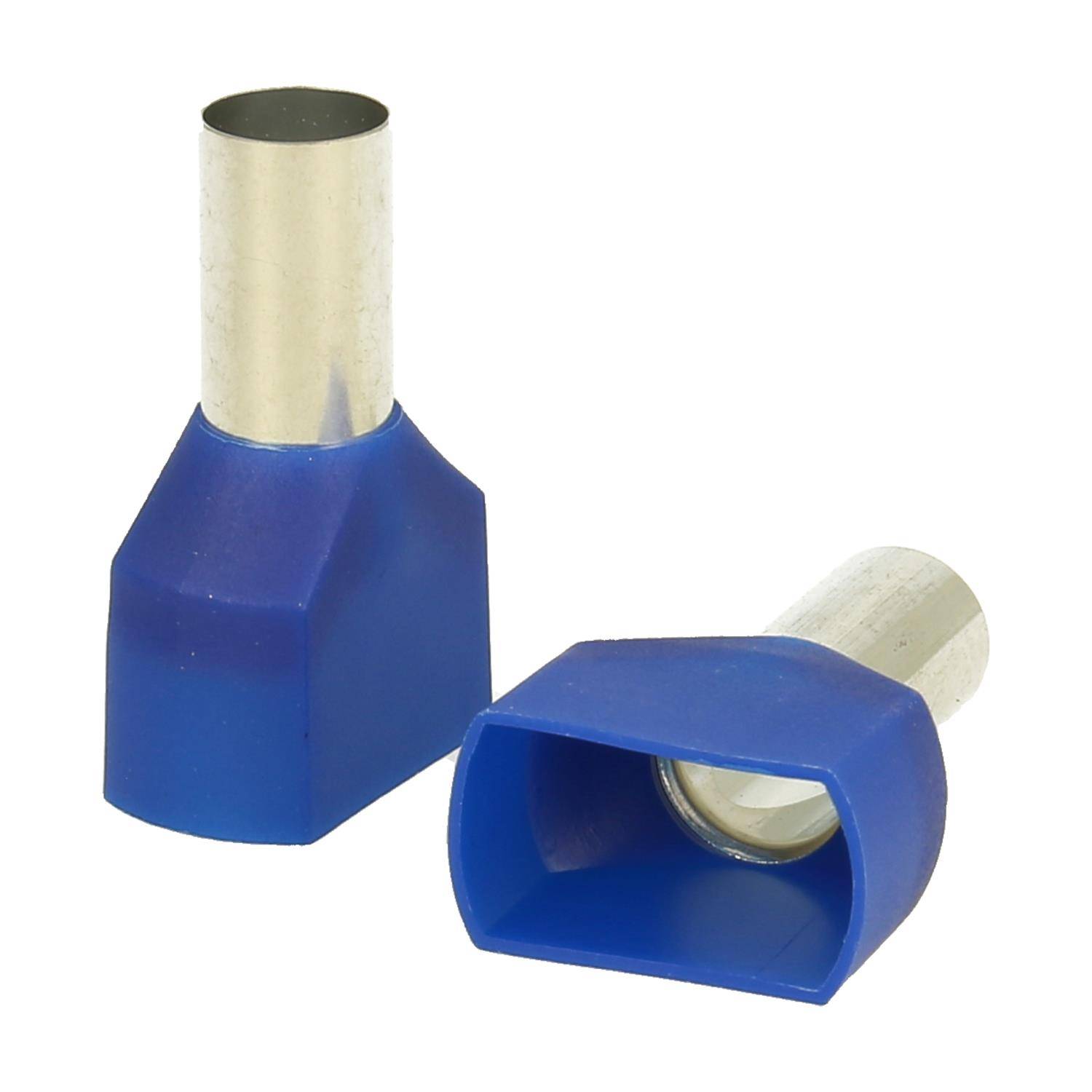 Zwei blaue isolierte Aderendhülsen mit Metallröhren, eine aufrecht stehend und eine auf der Seite liegend, zur Verwendung für elektrische Verbindungen.